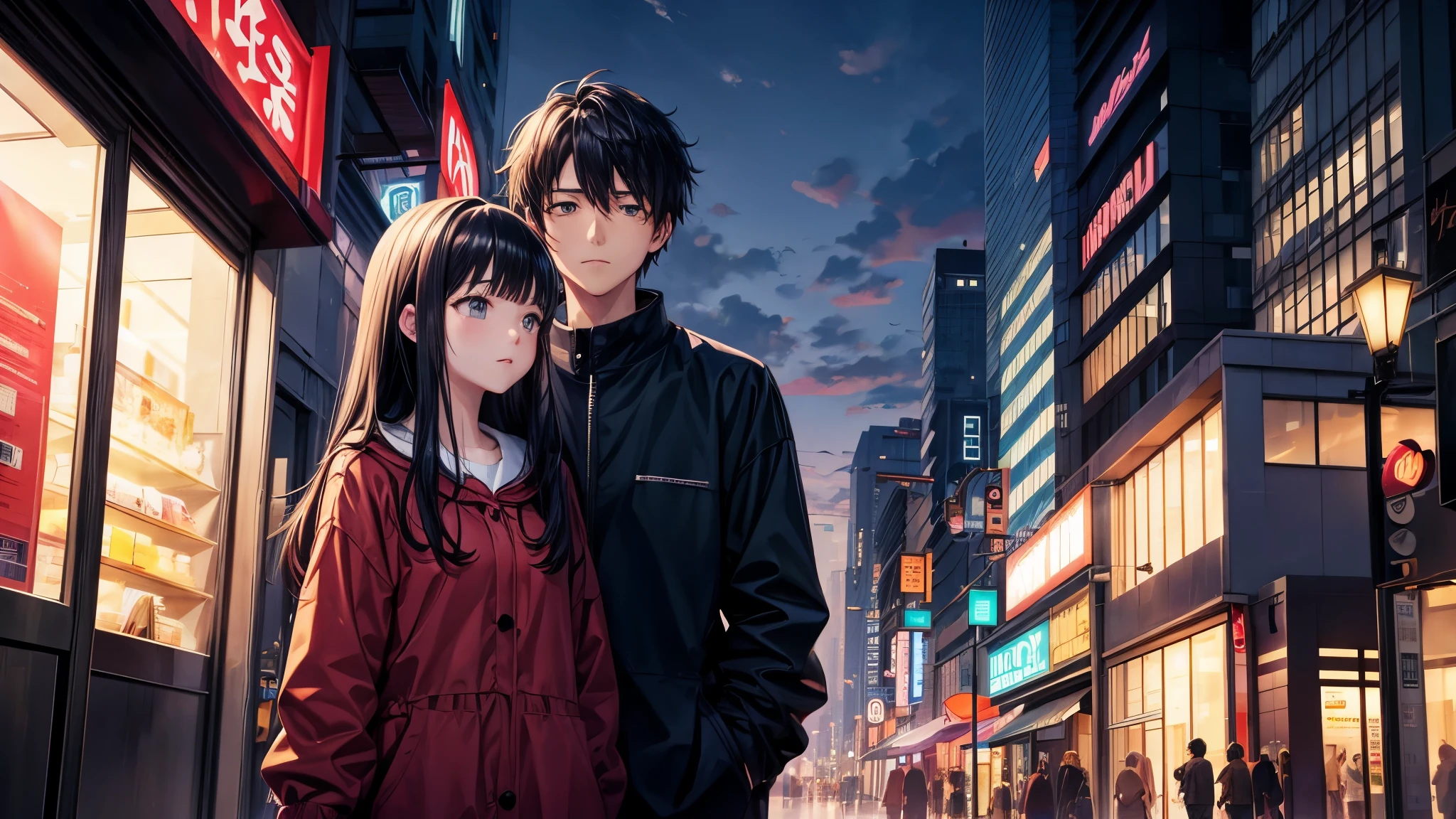 anime illustration、High resolution、sad man and woman couple、15 years old、black straight hair、Urban city、camellia、movie scene