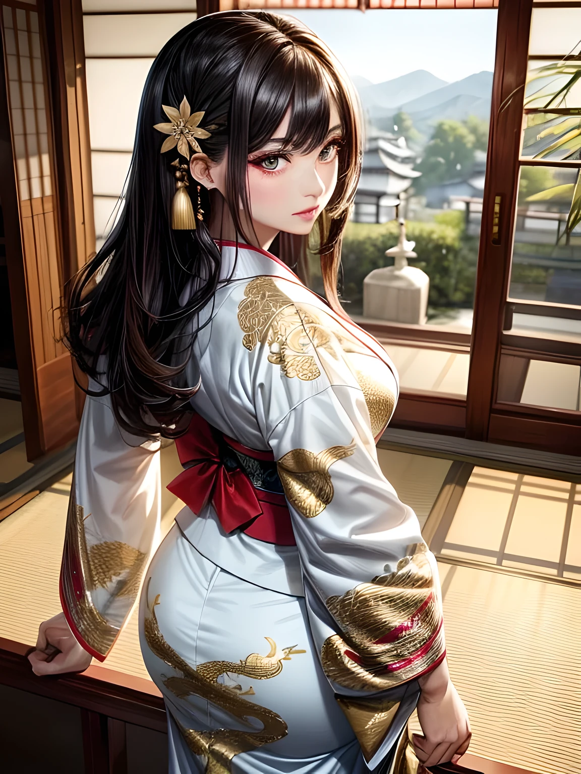 (Beautiful model in Japanese kimono commercial, beautiful straight long black hair), alone, ((face is 80% beauty and elegance, 20% pretty and cute:1.5)), clear eyes, (fine eyes, light green eyes, bright pupils), double eyelid, (Slightly thick and sexy lips:1.2), ((Super detailed and incredibly high resolution Deep-white Kimono:1.2)), Highly detailed facial texture, impressive body shape, curvaceous and very attractive woman, High resolution RAW color photography professional photography, break ultra high-resolution textures, High resolution body rendering, Big eyes, an unparalleled masterpiece, incredible high resolution, Super detailed, stunning ceramic skin, break ((Turn around to show the pattern of the kimono:1.5)), ((She wears a white kimono with plenty of glittering gold embroidery of a rising dragon.。:1.5)), ((The embroidery of the rising dragon on the white kimono is very dazzling.:1.2)), (A carefully crafted sensual Japanese kimono), ((The embroidery pattern is a dragon rising to the sky.):1.2), ((White kimono with elaborate and elegant decorations)), (Photographed in front of the round sliding sliding window in a Japanese-style room)), break ((highest quality, 8K)), sharp focus:1.2, (layer cut, big:1.2), (beautiful woman with perfect figure:1.4), (Beautiful and elegant rear view:1.3), thin waist, (correct hand shape:1.5), (full body shot | cowboy shot)