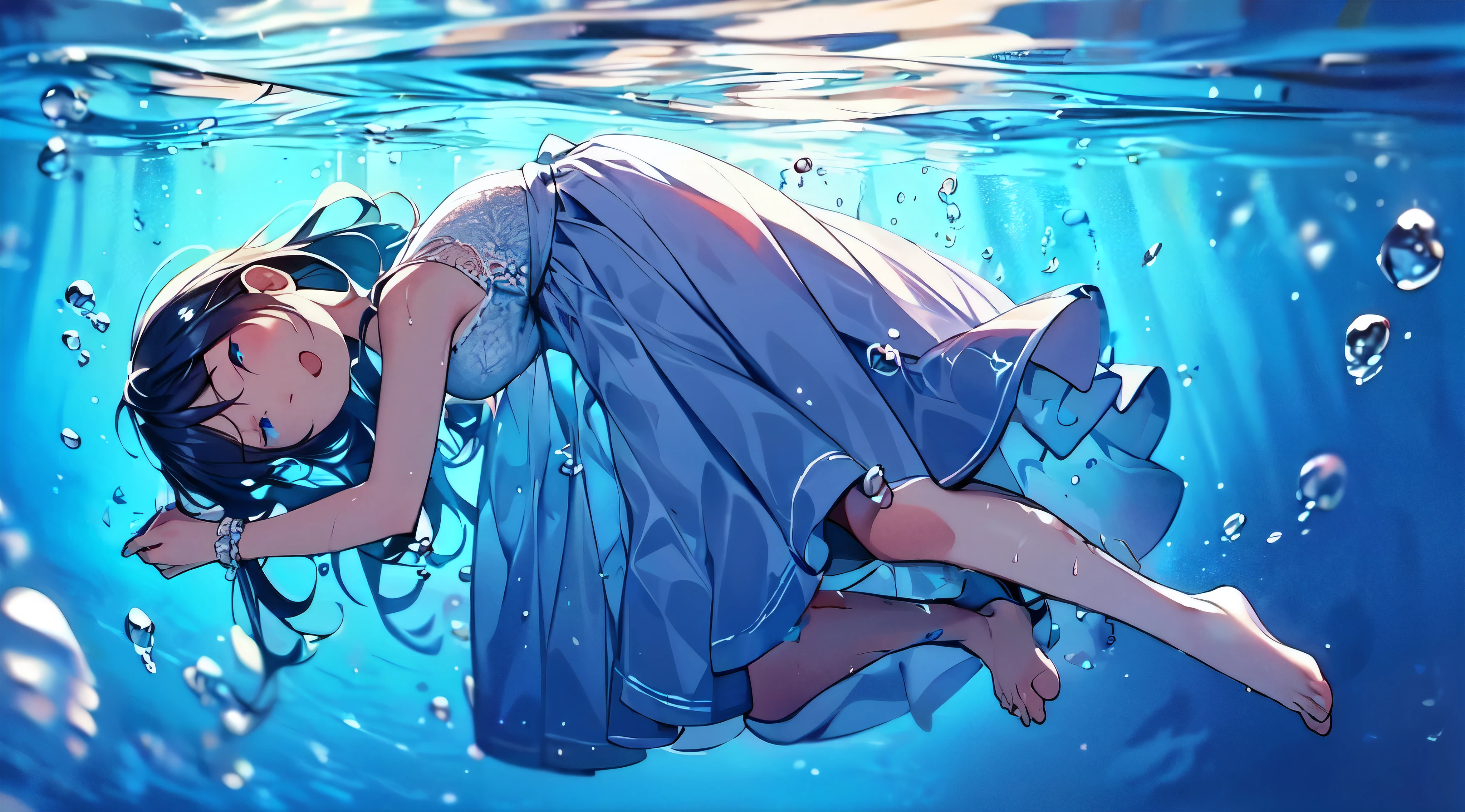 best quality, masterpiece, detailed, dynamic view, (A 13-year-old girl), Wear wet clothes, beauty white silk dress with detailed Lace, long skirt, (The hem of the dress extends to the ankles), floating wet clothes, transparent, The best decoration, The best wrinkles, best shadow, barefoot, close eyes, Sleepy, (Floating drowning, floating underwater, underwater photo), submerge, Many blisters, clothed_Masturbation, 8K resolution