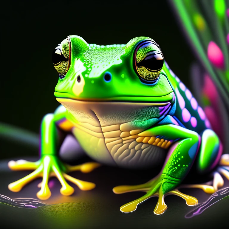 intricate and colorful, (digital painting:1.2) green tree frog, bright neon skin, wet, portrait, concept art, octane render, trending on artstation, neon-noir background, iolibt, vfx, Blender and Photoshop, octane render, excellent composition, cinematic atmosphere, dynamic dramatic cinematic lighting, aesthetic, very inspirational, arthouse,(dark plain black background:1.4))