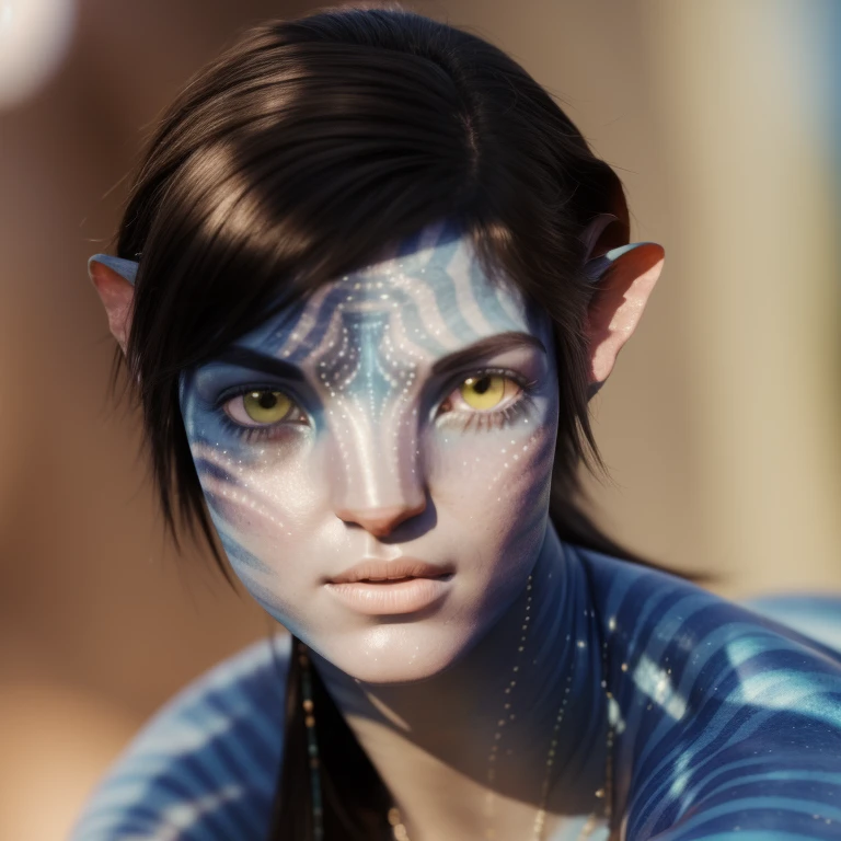 avtr:1.1, avatar style, portrait:1.6, 1girl, female, (blue skin tone:1.0), (short hair:1.0), dark brown hair color, 18 years old:1, face wrinkles, wearing tribal clothing, wearing a top, detailed eyes, toned body, muscled body, vibrant colors, glowing, ethereal atmosphere, surrealistic dreamy lighting, textured skin, otherworldly beauty, mesmerizing photography, (best quality, highres), vivid colors, ultrarealistic, skin details, striped skin, sfw, face close-up:0.5, ultradetailed body