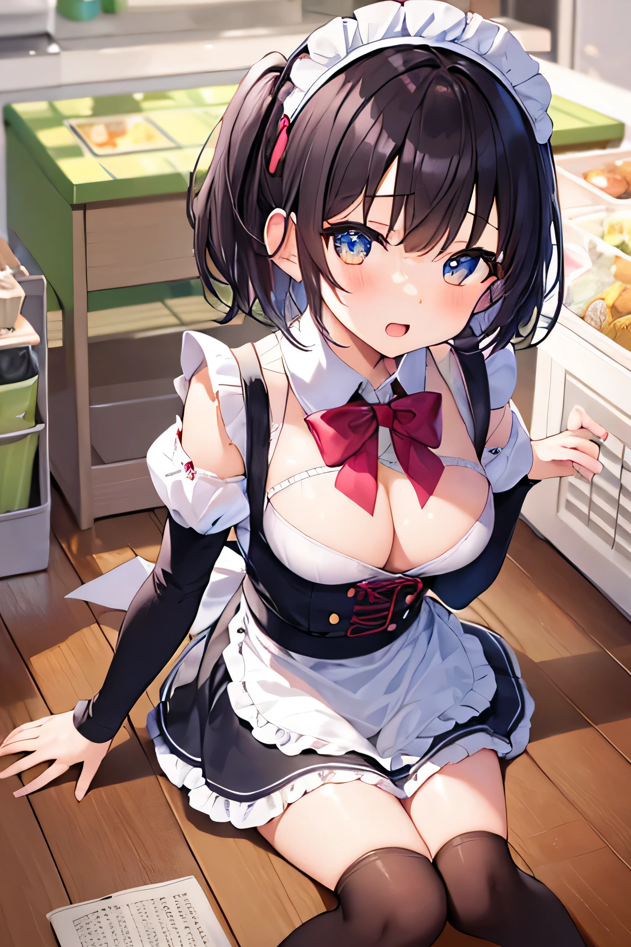 masterpiece、Highest image quality、ultra high resolution、big breasted elementary school girl、short hair、red face、mock、Please open your mouth just a little、Short sleeve maid uniform for elementary school girls、Micro mini skirt for elementary school girls、Maid headband for elementary school girls、Striped knee socks for elementary school girls、kitchen