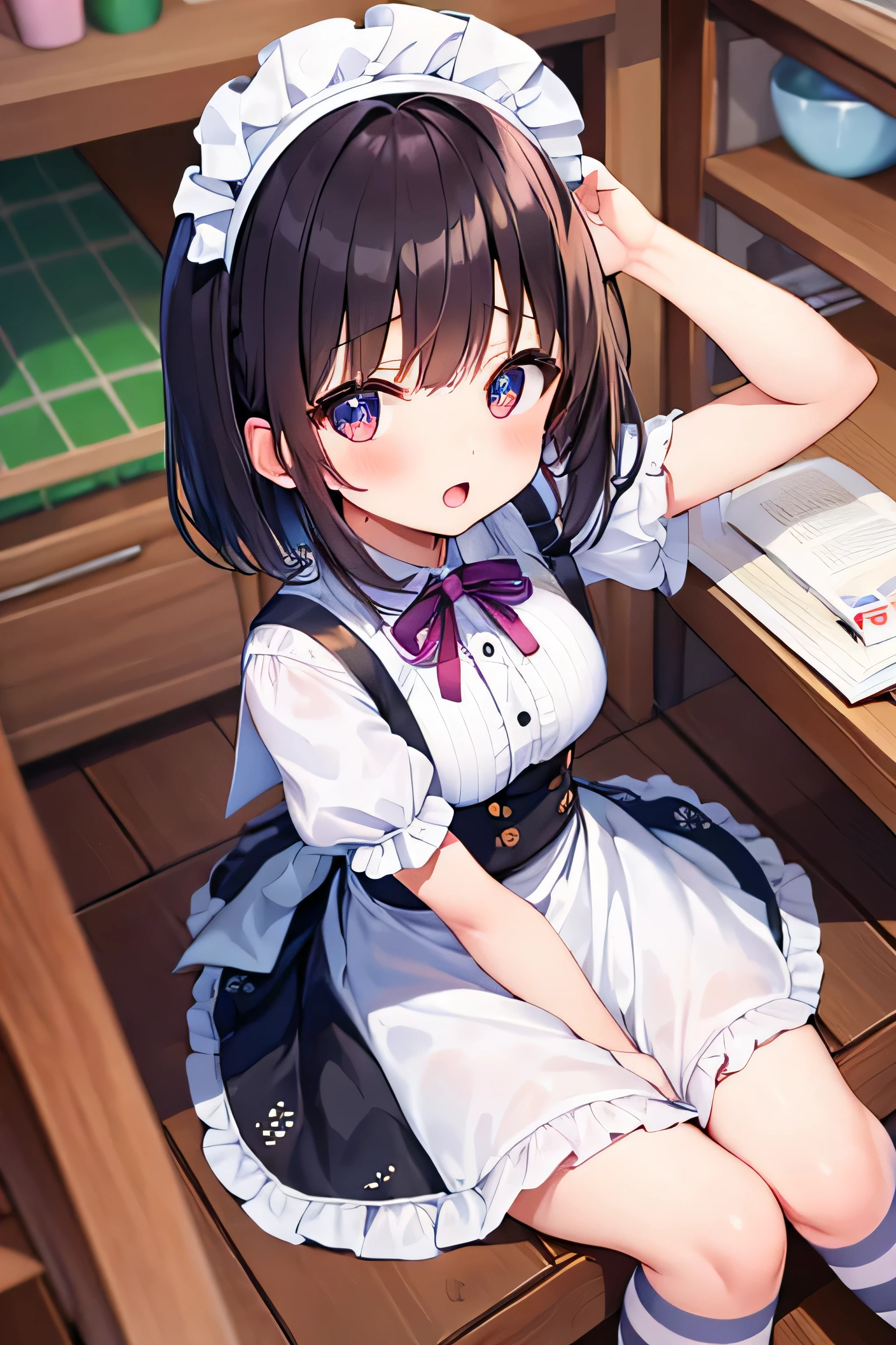 masterpiece、Highest image quality、ultra high resolution、big breasted girl、short hair、red face、mock、Please open your mouth just a little、Short sleeve maid uniform for elementary school skirt for elementary school girls、Maid headband for elementary school girls、Striped knentary school girls、kitchen