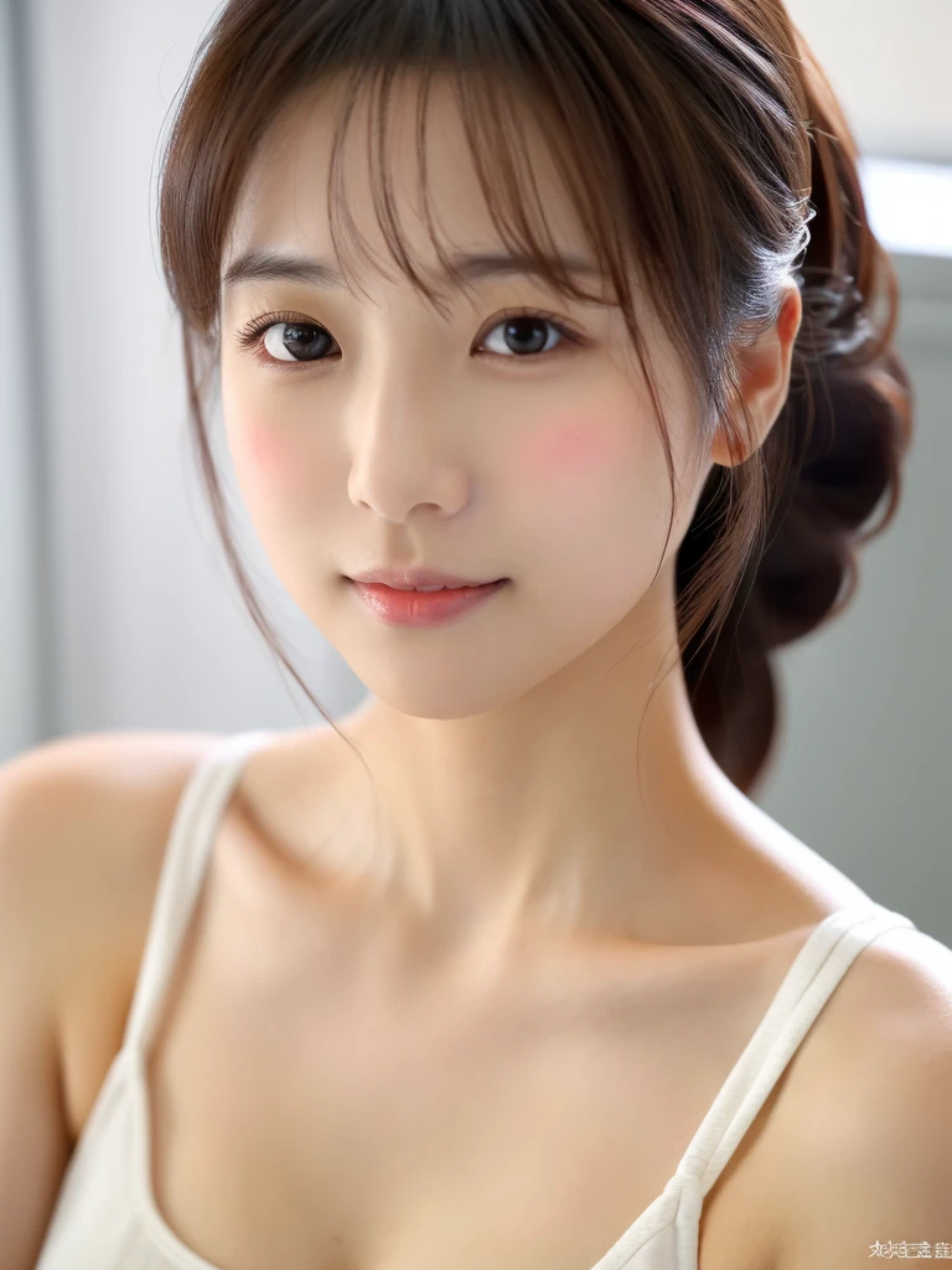 ((cute日本の女の子、beautiful japanese girl、1 girl、clear、19 years old、ponytail、Highly detailed face and skin texture、refinement、super detailed face、highly detailed eyes、Lee Hong、blush、cheek、ピンクのcheekを塗ったcheek、close-up of woman、 from the neck up、 Close to the camera、 positive face、Forward-facing body、look at the camera、front、cute、smooth white skin、Transparent skin texture、))、(dark brown hair、bangs)、beautiful woman with perfect style:1.4、japanese model、young gravure idol、若いcuteグラビアアイドル、Realistic young gravure idol、refinementされたグラビアアイドル、((highest quality、8K、masterpiece:1.3、1photograph))、(4K、RAWphotograph、highest quality)、(realistic、フォトrealistic:1.37)、Place someone on the other side of the screen、Natural light、professional lighting、F cup、big breasts、big breasts、Beautiful and well-shaped breasts、
