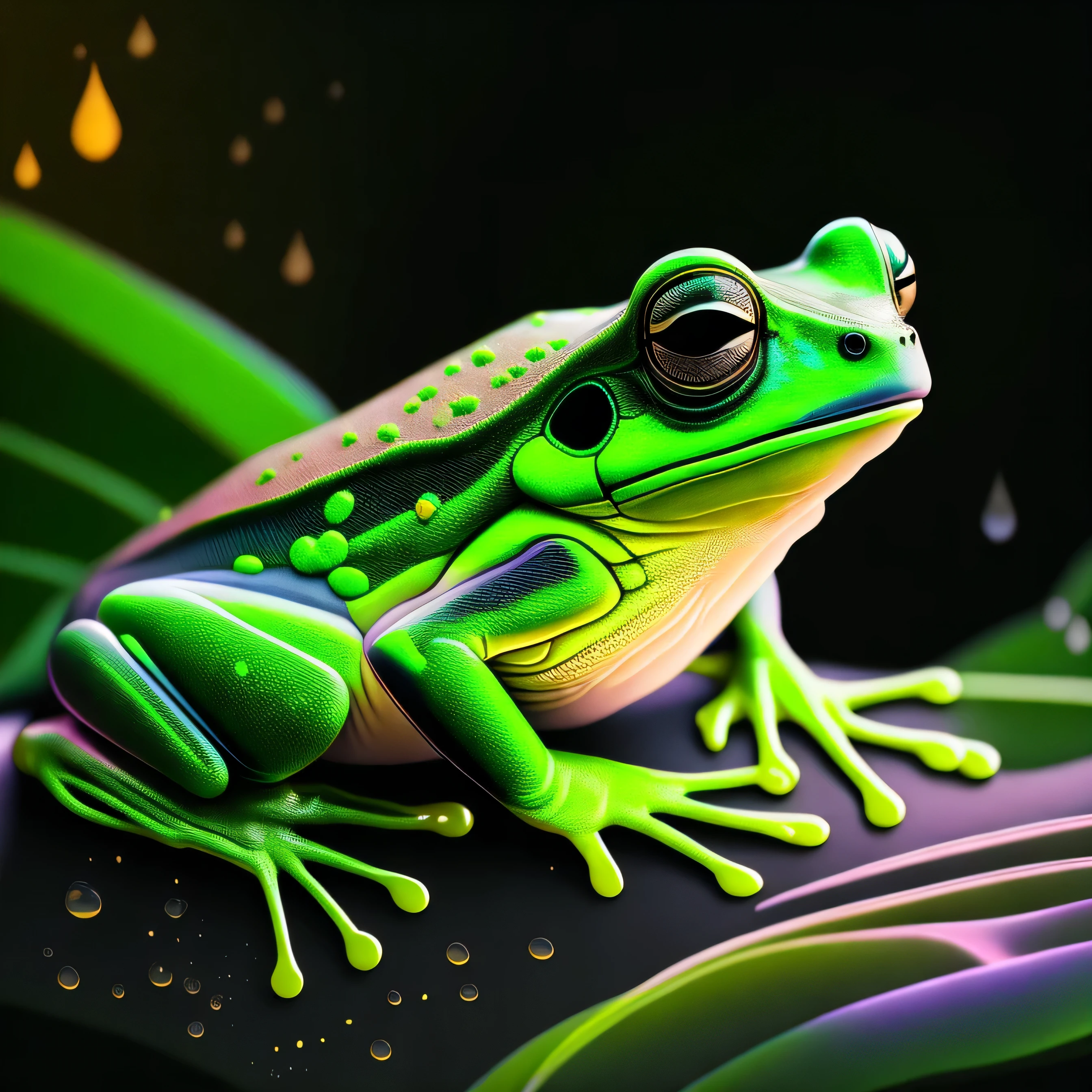 intricate and colorful, (digital painting:1.2) green tree frog, bright neon skin, wet, portrait, concept art, octane render, trending on artstation, neon-noir background, iolibt, vfx, Blender and Photoshop, octane render, excellent composition, cinematic atmosphere, dynamic dramatic cinematic lighting, aesthetic, very inspirational, arthouse,(dark plain black background:1.4))