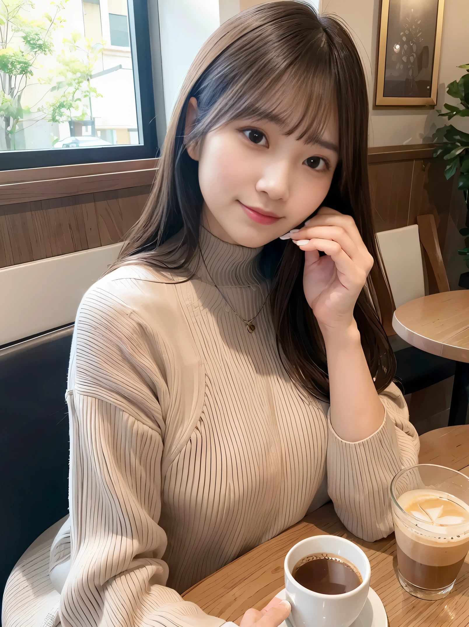 「{{superlative}}, {{very detailed}}, {{very elegant and beautiful}}, Woman in coffee colored tights enjoying iced coffee in cozy coffee shop。She is depicted on the front。Her tilted elbows rested on the table,Soft sunlight pours through the window wall、Shining eyes attract the attention of the viewer,Create a calm and cozy atmosphere, Woman exudes a sense of relaxation and satisfaction while sipping coffee、eye level、Landscapes and masterpieces、Perfectly captured with this high quality illustration。