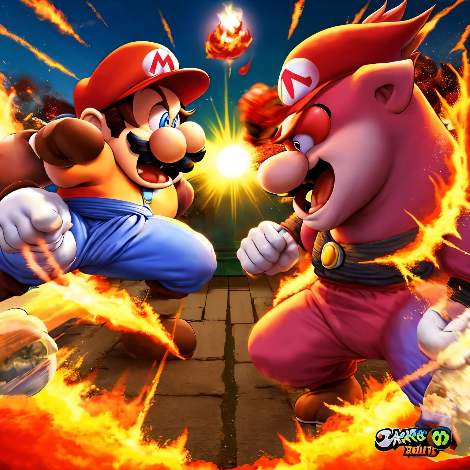 Super Mario bros lutando contra Ryu do Street fighter Em um cenario pegando fogo.