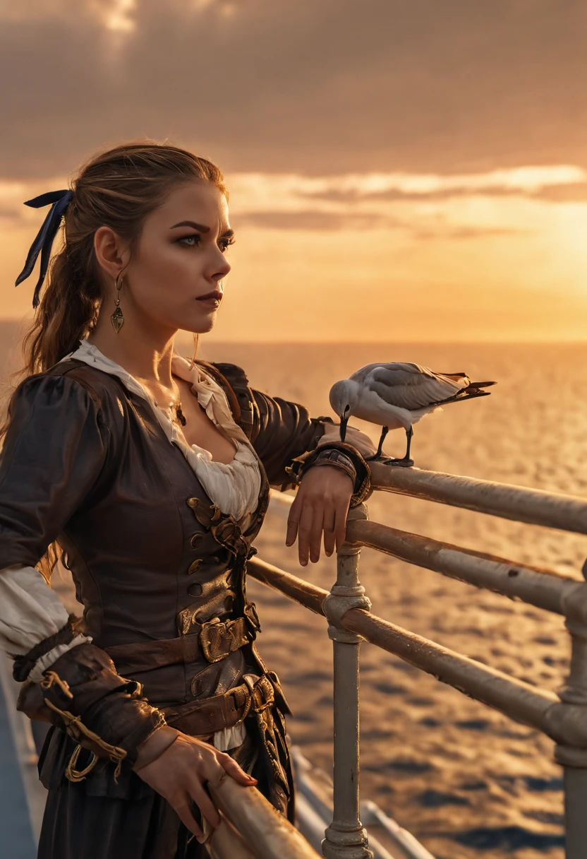 a fantasy female pirate captain Leaning on the ship railing, sunset sky reflected in calm sea, seagulls in the distance, best quality, masterpiece, 8k