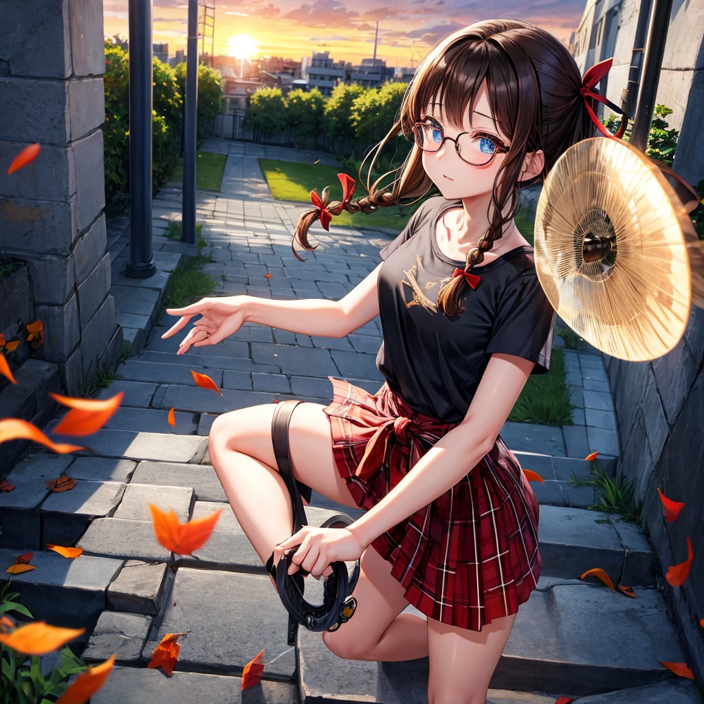 black brown hair、Red-blonde、blue eyes、Braid、one good looking girl、solo、anime、Plaid miniskirt、camisole、black t-shirt、Tilting your face、Doing the ribbon、Ribbon at waist、sunset sky、stone stairs、petal、tunnel、Fallen leaves、wearing glasses、、Riding a bicycle、Burning、Have an insect net、Light and shadow、maze