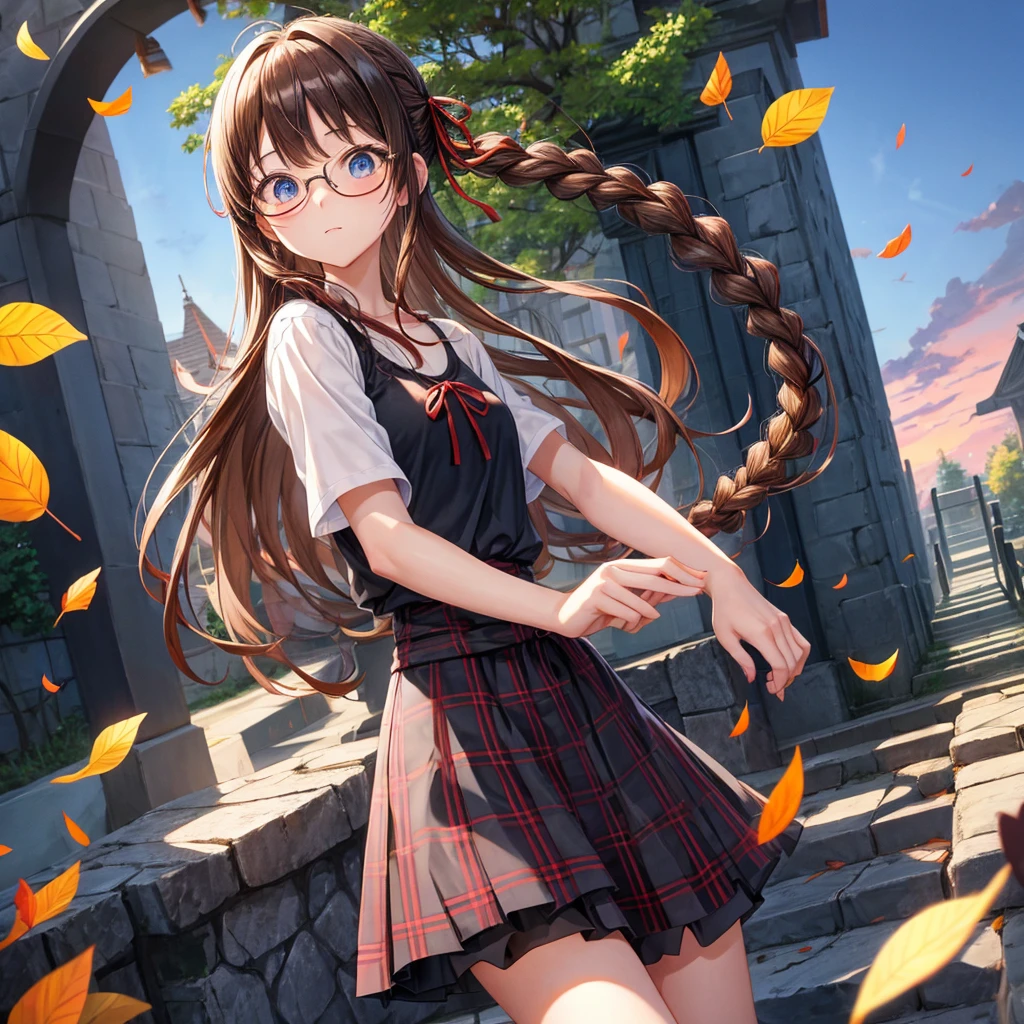 black brown hair、Red-blonde、blue eyes、Braid、one good looking girl、solo、anime、Plaid miniskirt、camisole、black t-shirt、Tilting your face、Doing the ribbon、Ribbon at waist、sunset sky、stone stairs、petal、tunnel、Fallen leaves、wearing glasses、、Riding a bicycle、Burning、Have an insect net、Light and shadow、maze