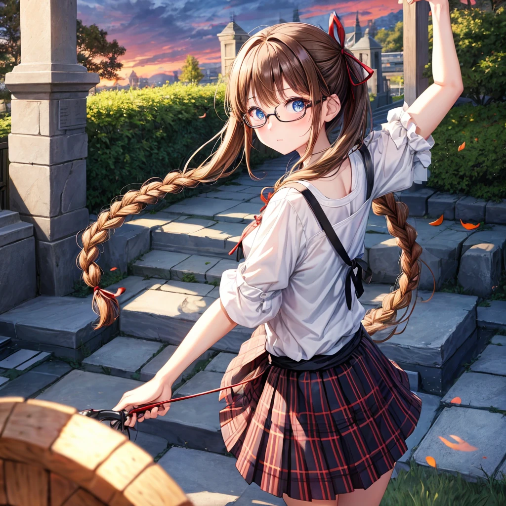 black brown hair、Red-blonde、blue eyes、Braid、one good looking girl、solo、anime、Plaid miniskirt、camisole、black t-shirt、Tilting your face、Doing the ribbon、Ribbon at waist、sunset sky、stone stairs、petal、tunnel、Fallen leaves、wearing glasses、、Riding a bicycle、Burning、Have an insect net、Light and shadow、maze
