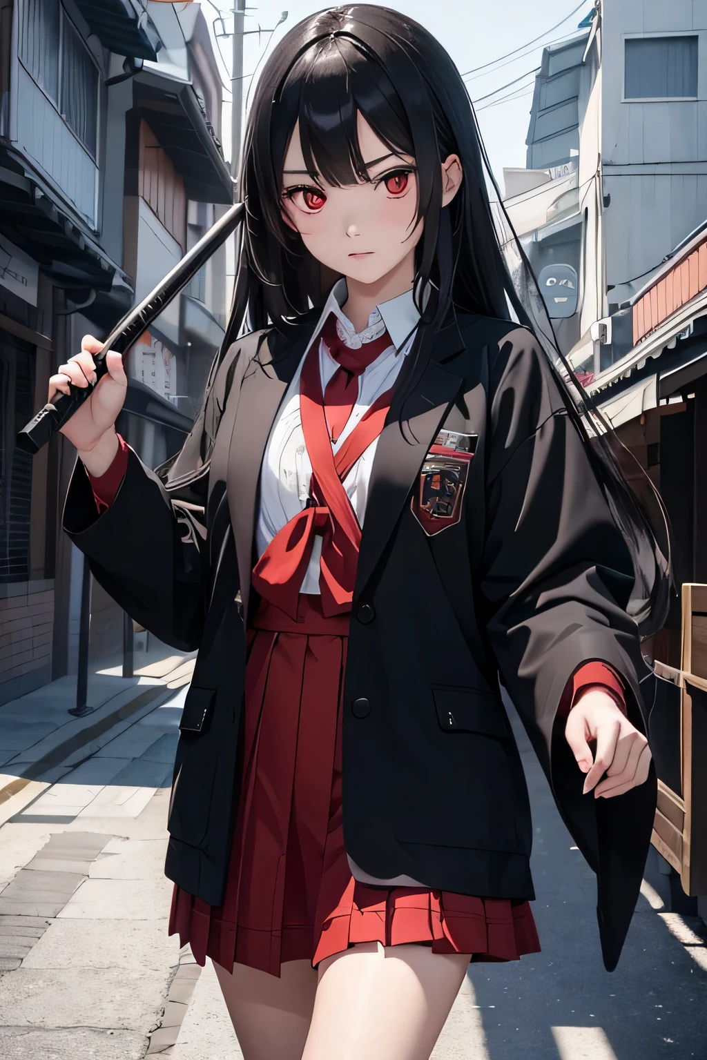 1girl, japanese schoolgirl, she has straight long black hair, red eyes and and evil determined look. She wears a black and red modern japanese school uniform and a long black coat. Walking down the street. Holding a katana in the hand. vibrant appearance, creative behavior, imaginative, , spontaneous, , highest quality, skin texture, intricate details, (cinematic lighting), RAW photo, 8k, masterpiece,best quality,ultra-detailed,very detailed illustrations,extremely detailed,intricate details,highres,super complex details,extremely detailed 8k cg wallpaper