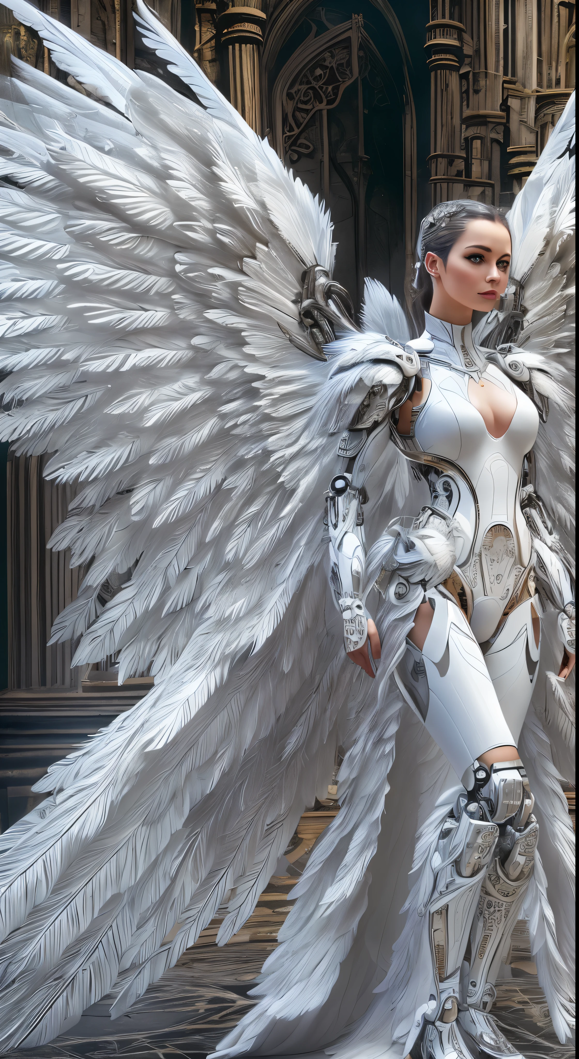 a close up of a woman in a white dress with wings, Full body angels, futuristic robot angel, Magnificent Angel Wings, angel knight gothic girl, angel in plastic armor, intricate costume design, As a mysterious Valkyrie, whole body made of white feathers,,, futuristic and fantastic, white wings, beautiful angelic wings, steampunk angel, beautiful cyborg angel girl, Graceful wings
