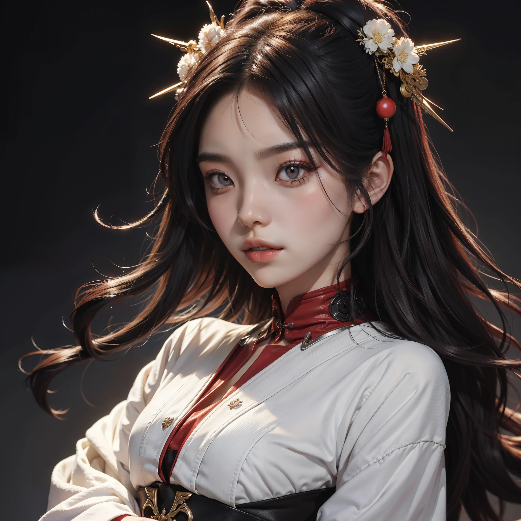 In the realm of futuristic realism, a Japanese woman with vibrant red makeup and dark hair emerges. Her features, intricately detailed in the blink-and-you-miss-it style, are accentuated against the dark white and dark gray backdrop. Asian-inspired elements weave their way into every fine detail, defining her ethereal beauty. Eerily realistic, her presence is captured with sharp focus, emphasizing the richness of the colors in every pore. In this digital art piece, measuring --ar 69:128, the stylization is carefully crafted at 750, lending a unique and vivid texture to her appearance. --v