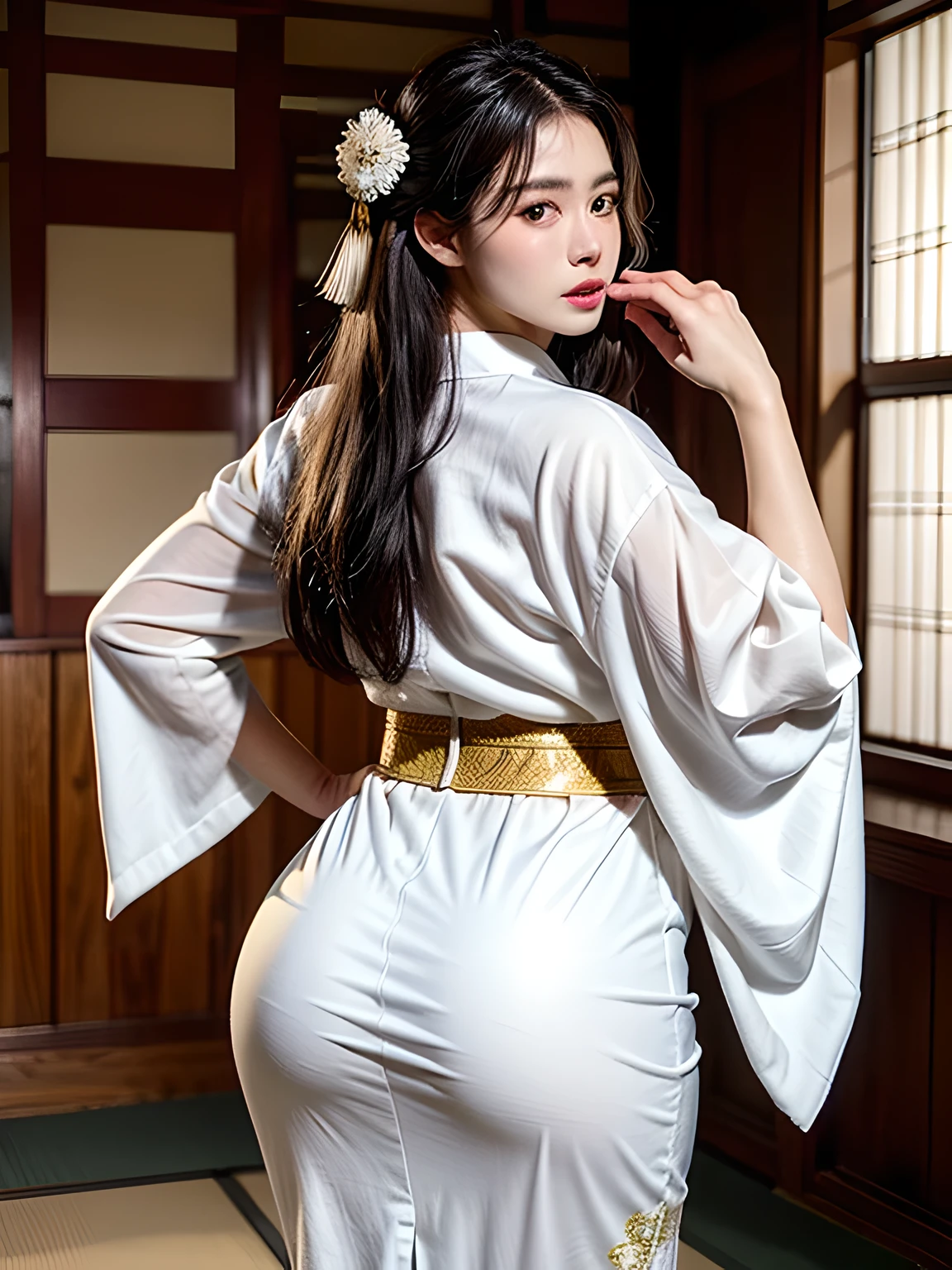 (Beautiful model in Japanese kimono commercial, beautiful straight long black hair), alone, ((face is 80% beauty and elegance, 20% pretty and cute:1.5)), clear eyes, (fine eyes, light green eyes, bright pupils), double eyelid, (Slightly thick and sexy lips:1.2), ((Super detailed and incredibly high resolution Deep-white Kimono:1.2)), Highly detailed facial texture, impressive body shape, curvaceous and very attractive woman, High resolution RAW color photography professional photography, break ultra high-resolution textures, High resolution body rendering, Big eyes, an unparalleled masterpiece, incredible high resolution, Super detailed, stunning ceramic skin, break ((Turn around to show the pattern of the kimono:1.5)), ((She wears a white kimono with plenty of glittering gold embroidery of a rising dragon.。:1.5)), ((The embroidery of the rising dragon on the white kimono is very dazzling.:1.2)), (A carefully crafted sensual Japanese kimono), ((The embroidery pattern is a dragon rising to the sky.):1.2), ((White kimono with elaborate and elegant decorations)), (Photographed in front of the round sliding sliding window in a Japanese-style room)), break ((highest quality, 8K)), sharp focus:1.2, (layer cut, big:1.2), (beautiful woman with perfect figure:1.4), (Beautiful and elegant rear view:1.3), thin waist, (correct hand shape:1.5), (full body shot | cowboy shot)