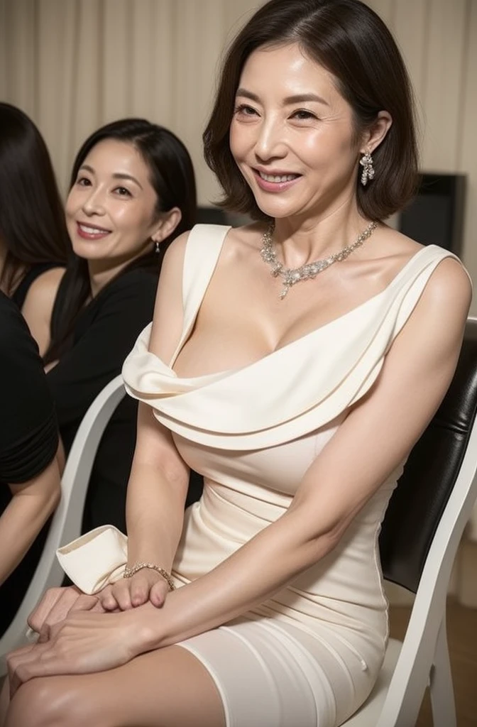 (masterpiece, highest quality), japanese mature, (alone), 60 years old, (wrinkles around the eyes:1.45), (Nasolabial fold at the mouth:1.3), big breasts, mature woman, Glamour, Sexy, pure white skin, looking at the viewer、(((super big breasts:1.28)))、long hair、small diamond necklace、earrings、(((random color:party dress)))、high heels、smile、Public place、cross your legs、sit on a chair、full body photo、