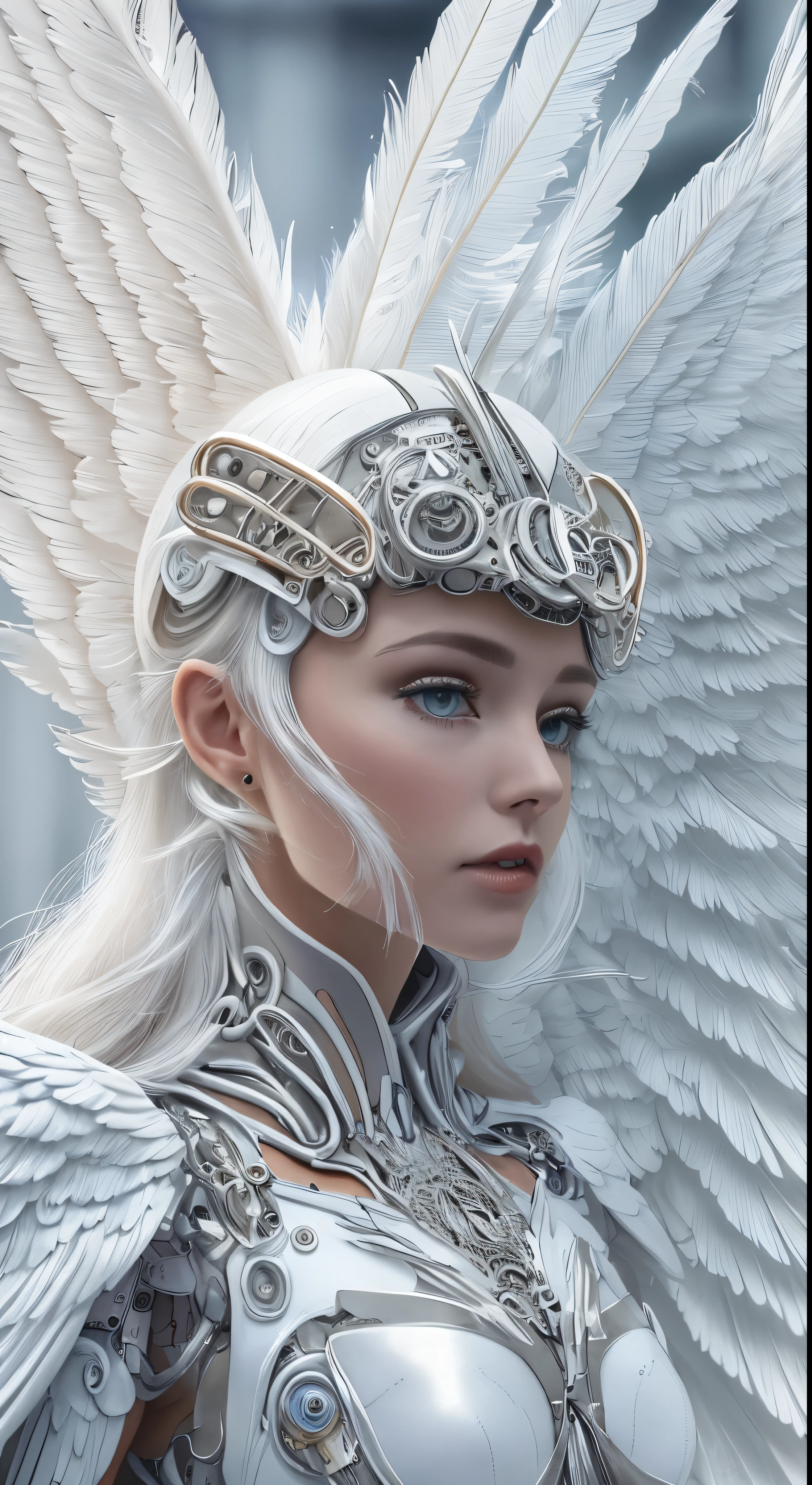 a close up of a woman in a white dress with wings, Full body angels, futuristic robot angel, Magnificent Angel Wings, angel knight gothic girl, angel in plastic armor, intricate costume design, As a mysterious Valkyrie, whole body made of white feathers,,, futuristic and fantastic, white wings, beautiful angelic wings, steampunk angel, beautiful cyborg angel girl, Graceful wings