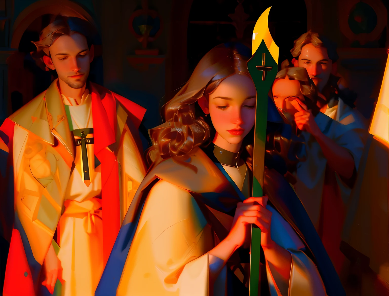 pintura de uma mulher com uma espada e um livro, inspirado em Robert Campin, inspired por Peter Christ, inspirado em Ridolfo Ghirlandaio, por Mestre da Lenda de Santa Luzia, por Peter Christ, inspirado em Jan Gossaert, inspired por Mestre da Lenda de Santa Luzia, inspirado em Mathieu Le Nain