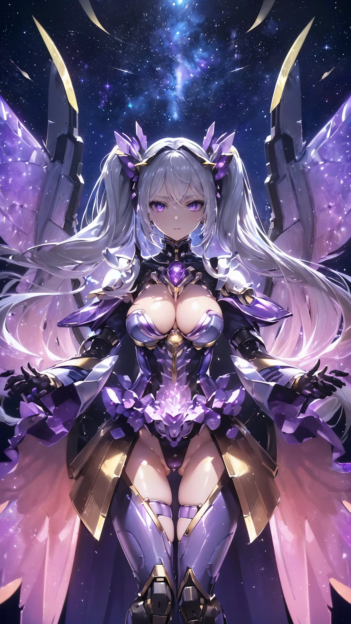 (((masterpiece))), (((highest quality))), ((ultra-detailed)), ((super fine illustration)), ((ultra-fine painting)), (medium shot:1.4), (Highly detailed and delicate illustration style:1.8), detailed skin texture, detailed metal texture, detailed cloth texture, extreme detailed description, (T-masterpiece), (highly detailed face:1.2), (highly detailed hair:1.2), (highly detailed eyes:1.2), (Highly detailed symmetrical wings:1.2), original, RAW photo, professional, Intricate details, super details, direct light:1.6, highly detailed hands:1.2, highly detailed fingers:1.2, highly detailed fingertips:1.2, (sexy), (sexy), real, (Solo:1.5), (A beautiful and cute girl marshal with beautiful twintails and eyes dressed as a mechanical angel) BRAKE (Beautifully shaped small breasts), (Beautifully shaped small buttocks), (Beautiful and shiny highly detailed and delicate silver twintails:1.2), (Beautiful clear and highly detailed purple eyes:1.2), (Highly detailed face:1.4), Very detailed, beautiful and perfect hands:1.4, Very detailed, beautiful and perfect fingers:1.4, Very detailed, beautiful and perfect fingertips:1.4, (perfect :1.4), (highly detailed large symmetrical amethyst purple wings:1.4) BRAKE ((mecha:1.4))Smooth and menacing design, (Amethyst purple all-range attack type mechanical armor for girl marshals that shines in iridescent colors and is highly detailed and baptized:1.3), (Symmetrical Wings:1.5) BRAKE concept-art, cyber-punk, (Detailed Science Fantasy Art:1.2) BRAKE (Battle Pose), (Highly detailed and cute all-range attack pose:1.1) BRAKE (Different world:1.1), (no robot:1.4), (close mouth:1.1), (Geometric patterns), (colorful confetti:1.15), (16K highest quality wallpaper:1.4), (Highly detailed and beautiful starry sky background:1.4) BRAKE () BRAKE 