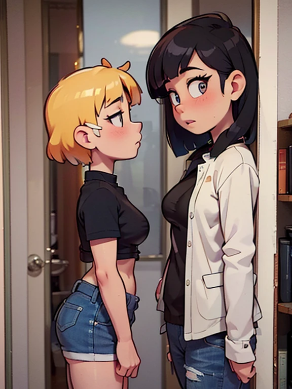 best quality, (masterpiece),(ultra-detailed), (high quality), (high resolution), (2heads:1.5) beautiful girl ((kissing:1.5), ((black hair)), ((blonde hair)), ponytails, (heads kissing:1.5), (kiss:1.5), (kissing on lips:1.5), mature woman, handsome, smile, (teal eyes, tall, white turtleneck sweater, tight jeans, high heels, cowboy shot, party, night, beautiful background, (upper body), sexy proportions