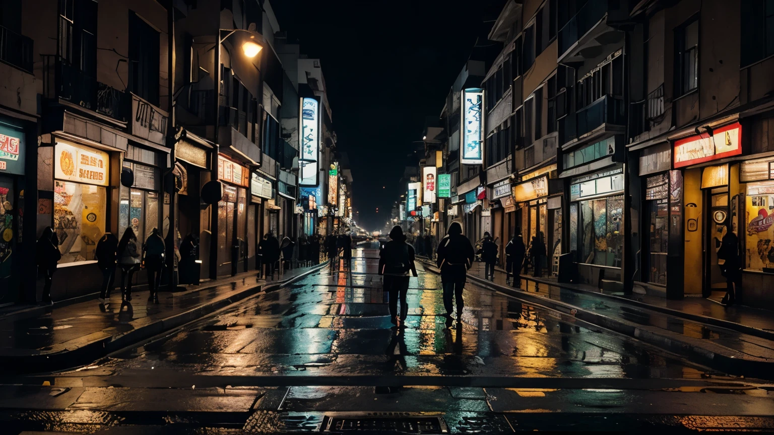 panoramic view of a cyberpunk city, una zona con tiendas, bares, table dances, con multitud de anuncios luminosos, basura en las calles, de noche, lloviendo, 8k, obra de arte, ultra calidad, ultra detallado, antecedentes de calidad 1.5, perfectamente detallado, ultra realista