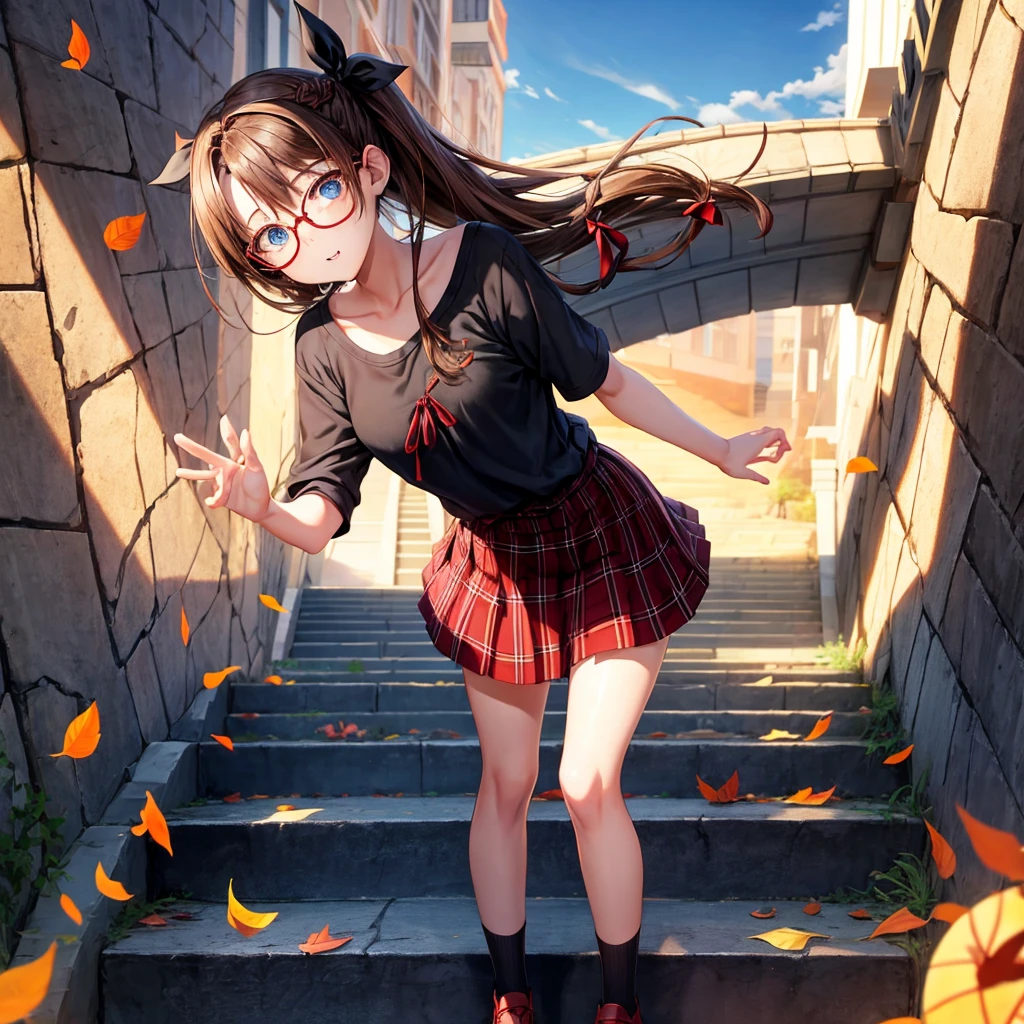 black brown hair、Red-blonde、blue eyes、Braid、one good looking girl、solo、anime、Plaid miniskirt、camisole、black t-shirt、Tilting your face、Doing the ribbon、Ribbon at waist、sunset sky、stone stairs、petal、tunnel、Fallen leaves、wearing glasses、、Riding a bicycle、Burning、Have an insect net、Light and shadow、maze