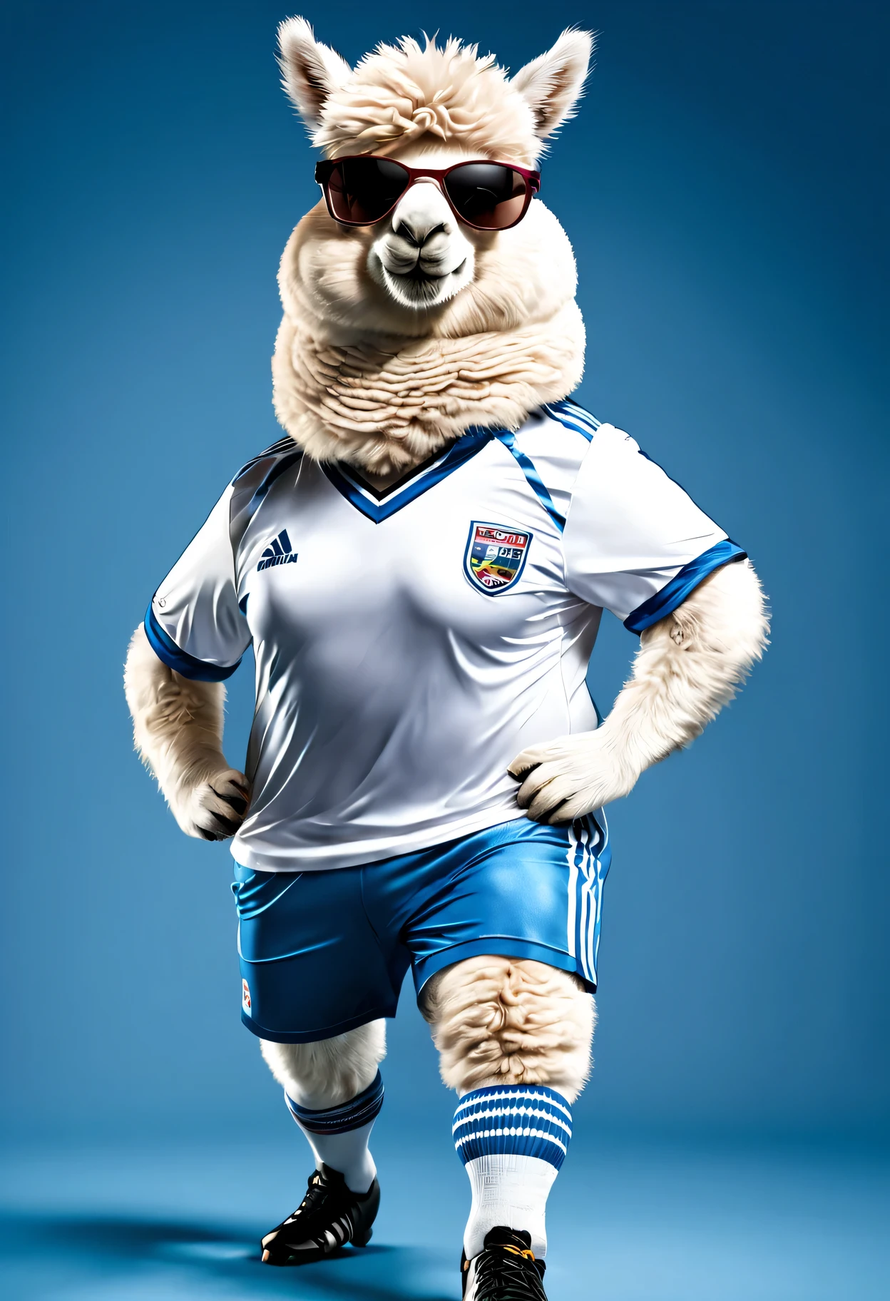 photorealistic portrait of Dressed animals - a fat white alpaca soccer player,( dynamic action pose), high quality,(lovely) ,intricate details, highly detailed ((soccer uniform)) ,highly detailed, wearing sunglasses, (happy), studio lighting,(full body image:1.5)