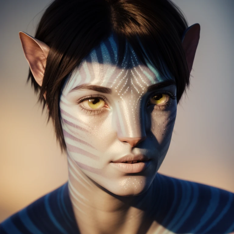 avtr:1.1, avatar style, portrait:1.6, 1girl, female, (blue skin tone:1.0), (short hair:1.0), dark brown hair color, 18 years old:1, face wrinkles, wearing tribal clothing, wearing a top, detailed eyes, toned body, muscled body, vibrant colors, glowing, ethereal atmosphere, surrealistic dreamy lighting, textured skin, otherworldly beauty, mesmerizing photography, (best quality, highres), vivid colors, ultrarealistic, skin details, striped skin, sfw, face close-up:0.5, ultradetailed body