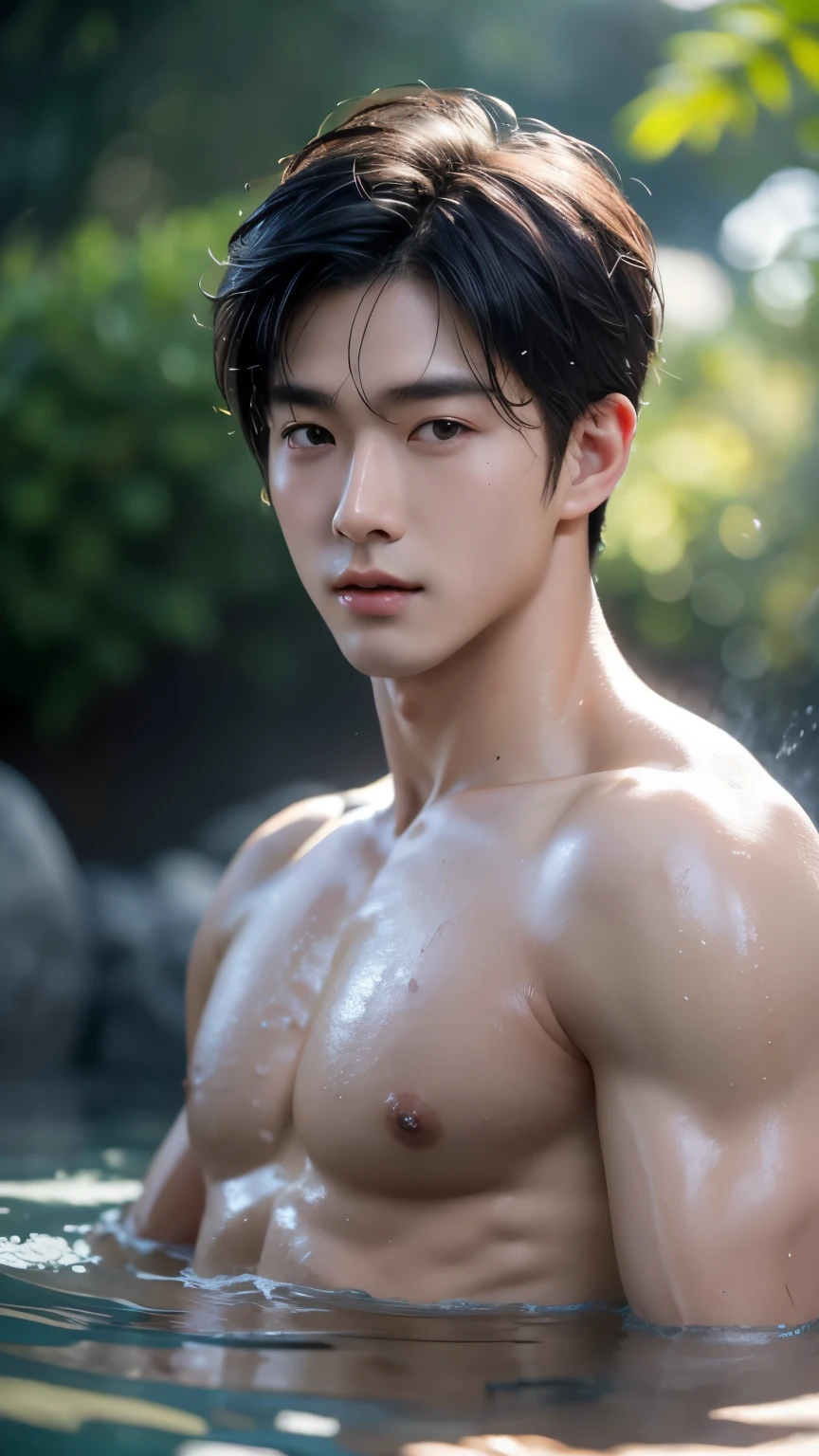 8k, super detail, accurate, best quality, 1boy, kpop idol, nude, completely naked, muscular, handsome, outdoor, bathing with steam, hot spring, onsen, sweat, look at viewer, depth of field, bokeh, detailed background, detailed lighting, diffused natural sunlight, diffused natural skin glow, symmetry eyes