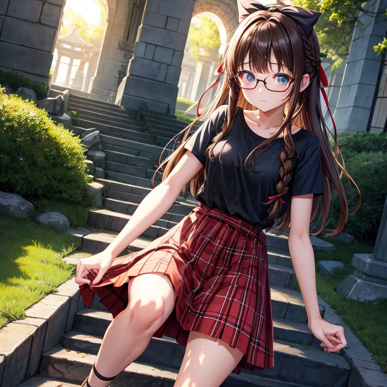 black brown hair、Red-blonde、blue eyes、Braid、one good looking girl、solo、anime、Plaid miniskirt、camisole、black t-shirt、Tilting your face、Doing the ribbon、Ribbon at waist、sunset sky、stone stairs、petal、tunnel、Fallen leaves、wearing glasses、、Riding a bicycle、Burning、Have an insect net、Light and shadow、maze