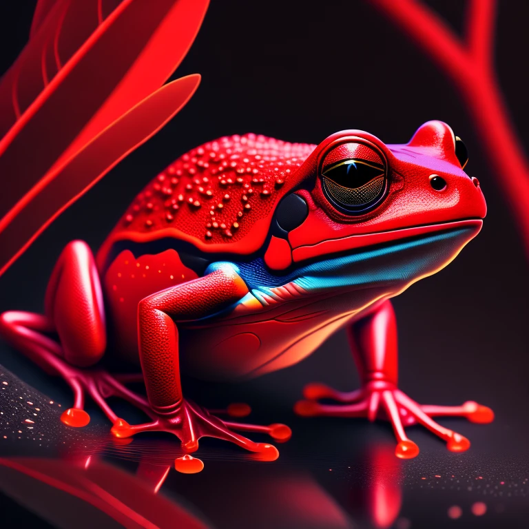 intricate and colorful, (digital painting:1.2) red tree frog, bright neon skin, wet, portrait, concept art, octane render, trending on artstation, neon-noir background, iolibt, vfx, Blender and Photoshop, octane render, excellent composition, cinematic atmosphere, dynamic dramatic cinematic lighting, aesthetic, very inspirational, arthouse,(dark plain black background:1.4))
