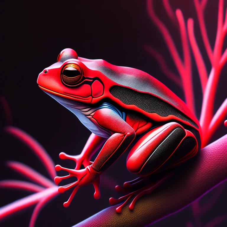 intricate and colorful, (digital painting:1.2) red tree frog, bright neon skin, wet, portrait, concept art, octane render, trending on artstation, neon-noir background, iolibt, vfx, Blender and Photoshop, octane render, excellent composition, cinematic atmosphere, dynamic dramatic cinematic lighting, aesthetic, very inspirational, arthouse,(dark plain black background:1.4))