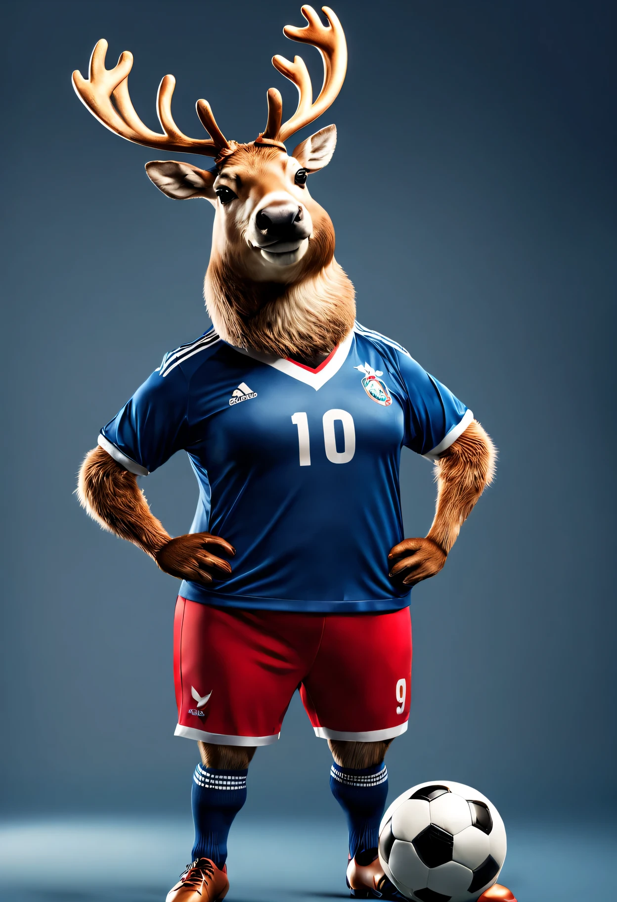 photorealistic portrait of Dressed animals - a fat reindeer soccer player,( dynamic action pose), high quality,(lovely) ,intricate details, highly detailed ((soccer uniform)) ,highly detailed, wearing sunglasses, (happy), studio lighting,(full body image:1.5)