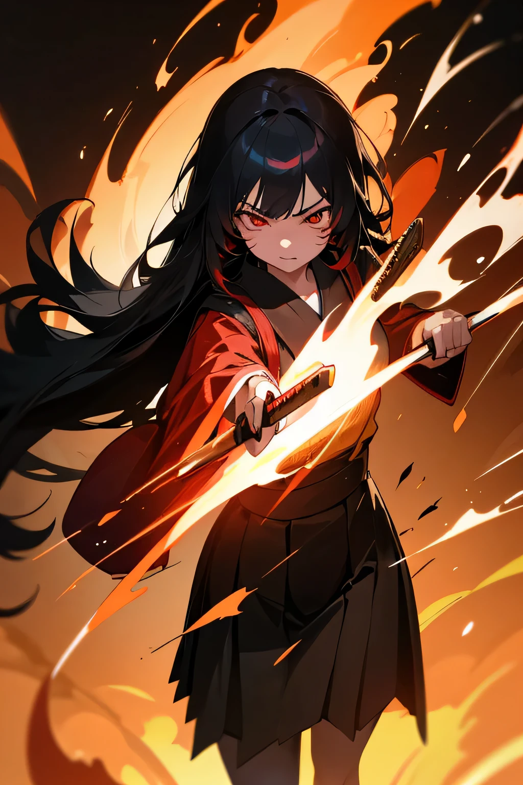 1girl, japanese schoolgirl, she has straight long black hair, red eyes and and evil determined look. She wears a black and red modern japanese school uniform and a long black coat. Walking down the street. Holding a katana in the hand. The katana is covered by flames. vibrant appearance, creative behavior, imaginative, , spontaneous, , highest quality, skin texture, intricate details, (cinematic lighting), RAW photo, 8k, masterpiece,best quality,ultra-detailed,very detailed illustrations,extremely detailed,intricate details,highres,super complex details,extremely detailed 8k cg wallpaper