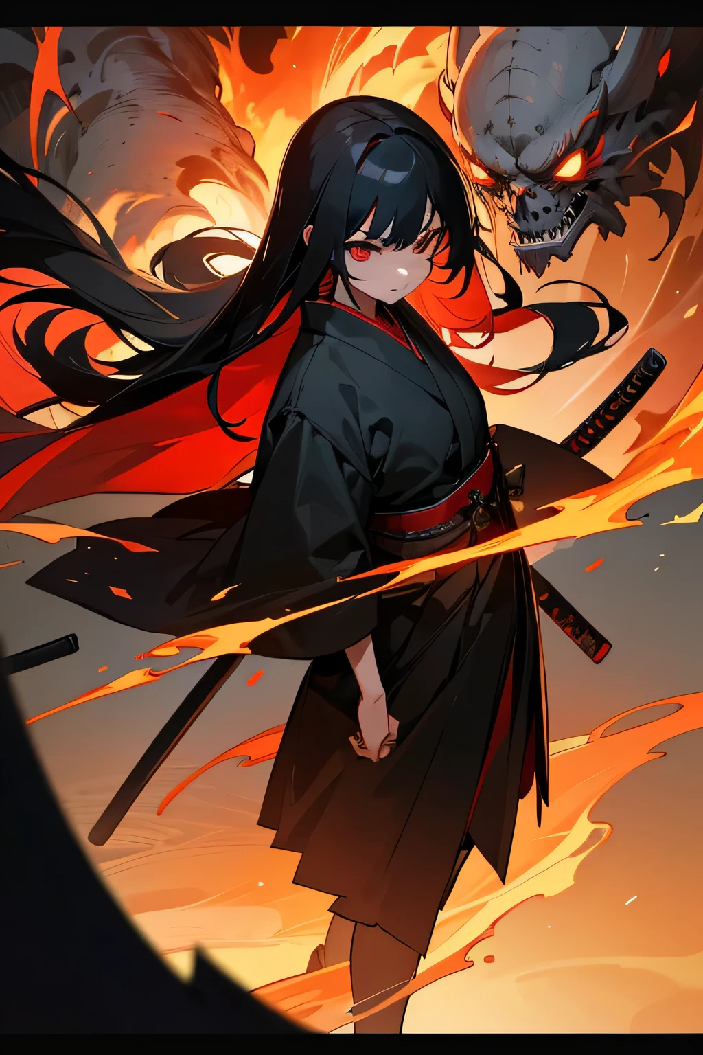1girl, japanese schoolgirl, she has straight long black hair, red eyes and and evil determined look. She wears a black and red modern japanese school uniform and a long black coat. Walking down the street. Holding a katana in the hand. The katana is covered by flames. vibrant appearance, creative behavior, imaginative, , spontaneous, , highest quality, skin texture, intricate details, (cinematic lighting), RAW photo, 8k, masterpiece,best quality,ultra-detailed,very detailed illustrations,extremely detailed,intricate details,highres,super complex details,extremely detailed 8k cg wallpaper