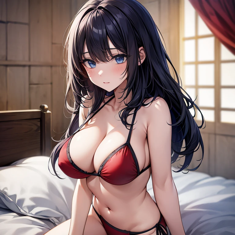 Black hair, blue eyes, large breast, sexy, beautiful body, (red bikini), bed