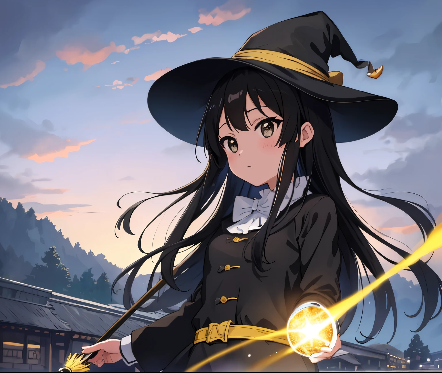 ((masterpiece)), (high details), (high quality), (best quality), (highres),1 girl, anime moe artstyle, anime best girl, in the anime film, K-On!,Akiyama Mio, black hair ,long hair, (grey eyes), ((holding staff)), (magician witch),((wear black coat)),hat,anime countryside landscape background,beautiful anime scenery,galaxy sky,(evening time),cowboy shot, from below, Nikon filter