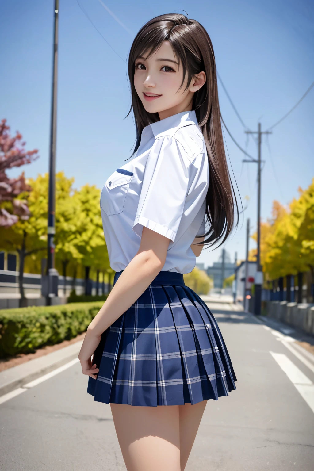 (top quality, masutepiece: 1.1), (Realistic: 1.3), BREAK (((FF7,Tifa_lockhart))),(solo,Tifa:1.2),(japanese ,high school student,school uniform, Plaid pleated skirt:1.5,button-down white shirt:1.3) ,(autumn,walking, outdoor),(sexy pose:1.3),Ultra-detailed face, Detailed eyes,Red eyes, BREAK (((FF7,Tifa_lockhart))),(light brown hair, Large breasts: 1.2), BREAK (Small and beautiful hard nipple)  About 18 years old,kawaii,happy smile:1.1,zettai_ryouiki:1.1,from behind:1.3