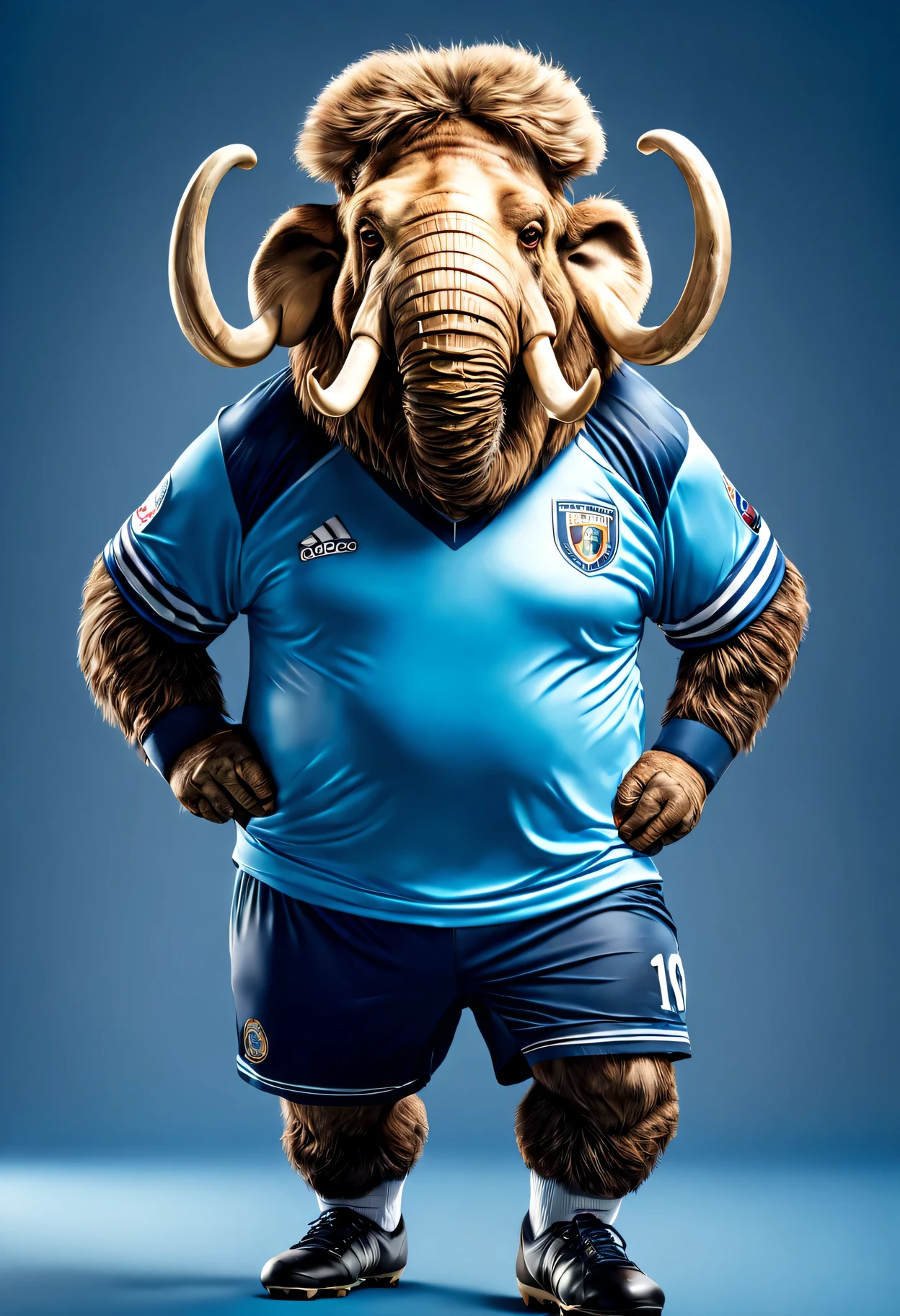 photorealistic portrait of Dressed animals - a fat mammoth soccer player,( dynamic action pose), high quality,(lovely) ,intricate details, highly detailed ((soccer uniform)) ,highly detailed, wearing sunglasses, (happy), studio lighting,(full body image:1.5)
