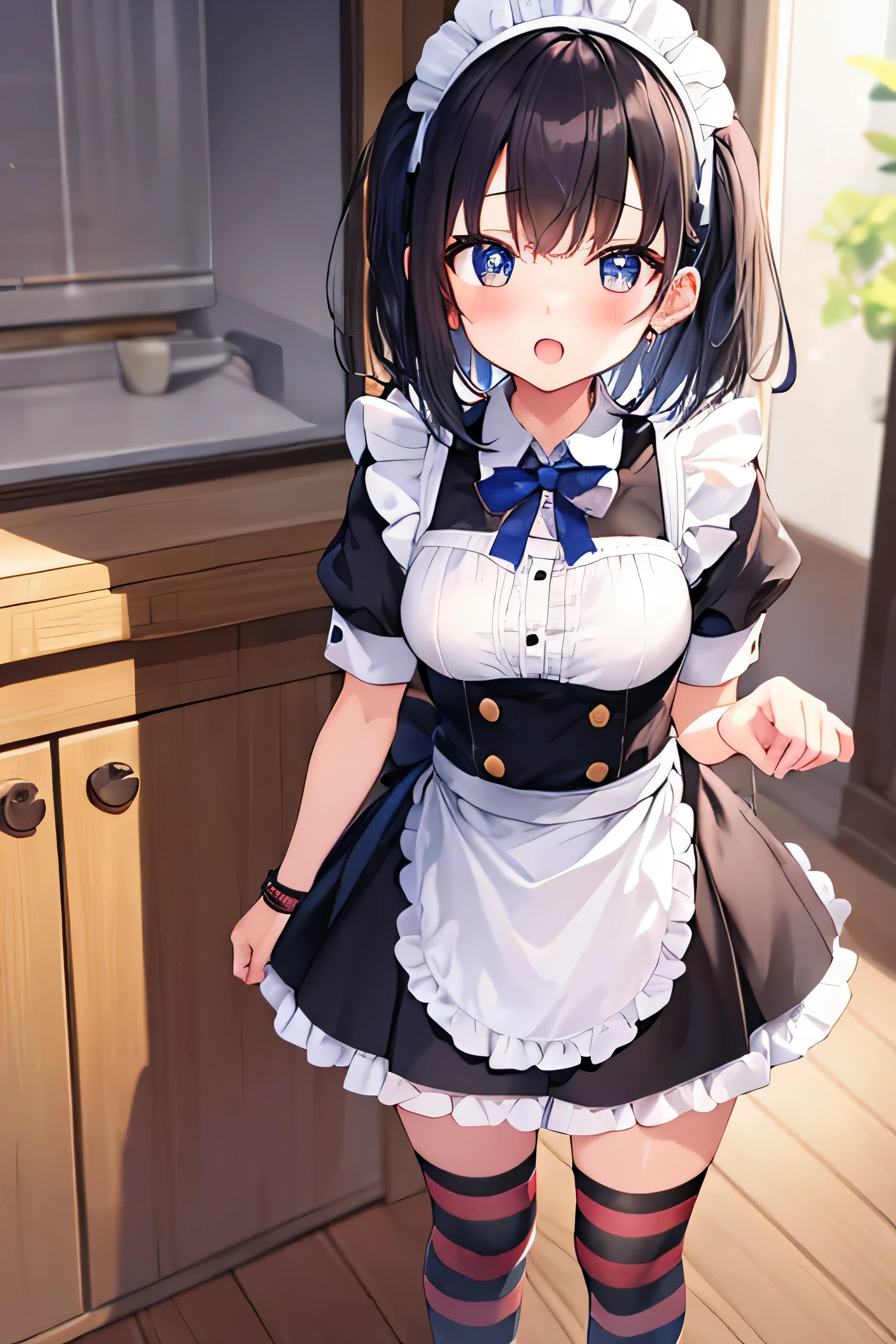 masterpiece、Highest image quality、ultra high resolution、big breasted elementary school girl、short hair、red face、mock、Please open your mouth just a little、Short sleeve maid uniform for elementary school girls、Micro mini skirt for elementary school girls、Maid headband for elementary school girls、Striped knee socks for elementary school girls、kitchen