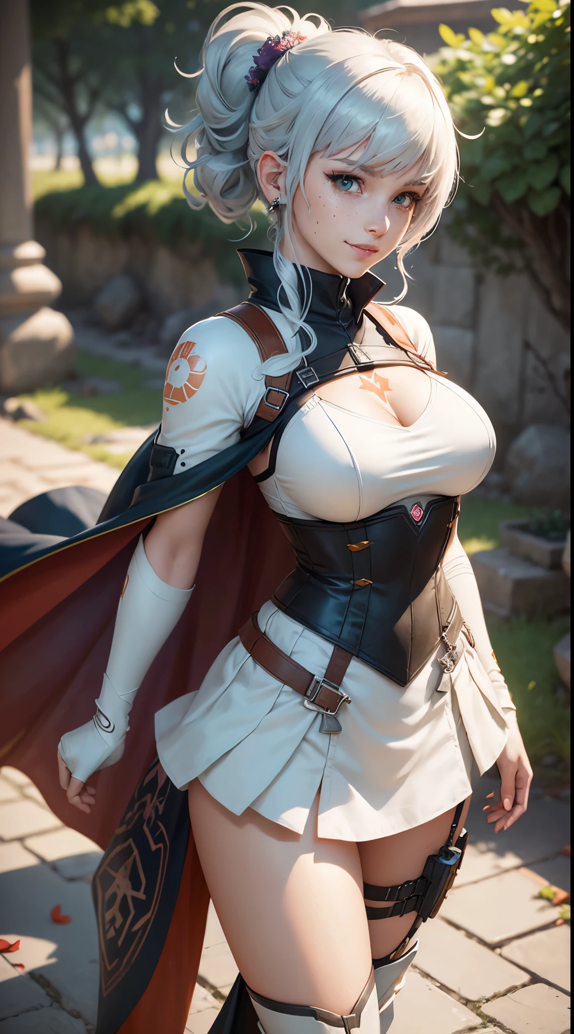 gwen tennyson,tracer,y'shtola rhul,rebecca chambers,atelier ryza,nier automata,close up, mecha pilot,mountain road,tattoos, white and silver plugsuit,white short sleeve lycra top,white goth  ruffle skirt,garter belt,uncovered belly,short hair,cute makeup,green eyes,dimensional silver hair,shy smile, freckles,beautiful girl,large breasts,4k hd,ultra detailed,realistic,fantasy art, valkyrie armor,steel armor,medieval castle,medieval garb,victorian dress,ear piercings,hair pin,thigh high boots,striped panties,