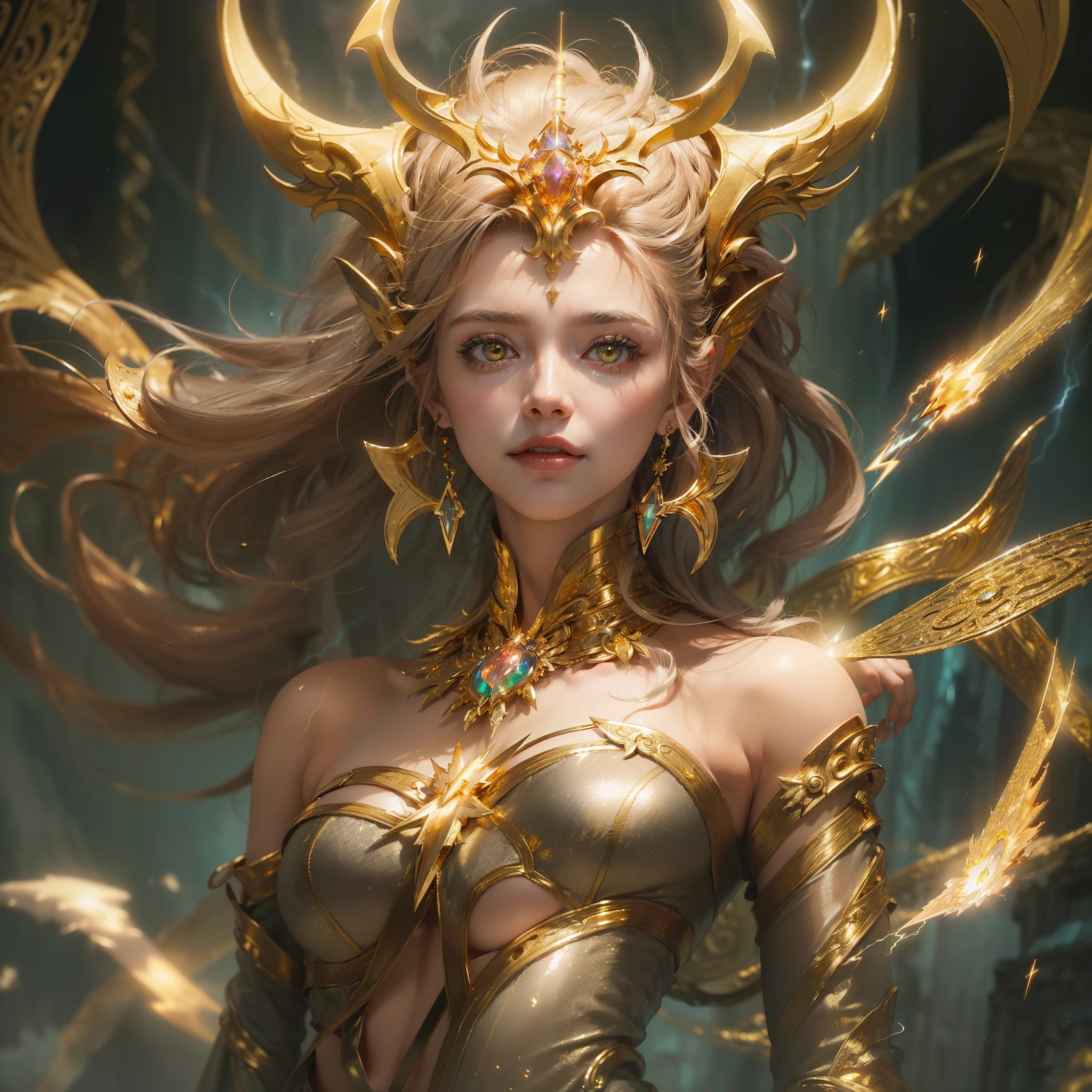 Highly detailed, ((portrait)), beautiful girl, upper body shot: 1.8, girl as Justice Warrior with arms outstretched, full body view, two royal arms, two hands with five royal fingers on each hand, gaze looking at creator, nude, cleavage , perfect eyes, levitating hair, (nude, wind: 1.1), light accents, bright display, intricate detail, robin birds flying: 0.8, captivating presence, mysterious aura, angelic surreal background, immersive atmosphere, blur of light motion, light particles: 0.8, (film lighting), (close-up angle), beautiful detailed glow, (Eye catching), (Intricate detailed film background), thick heavy oil painting,