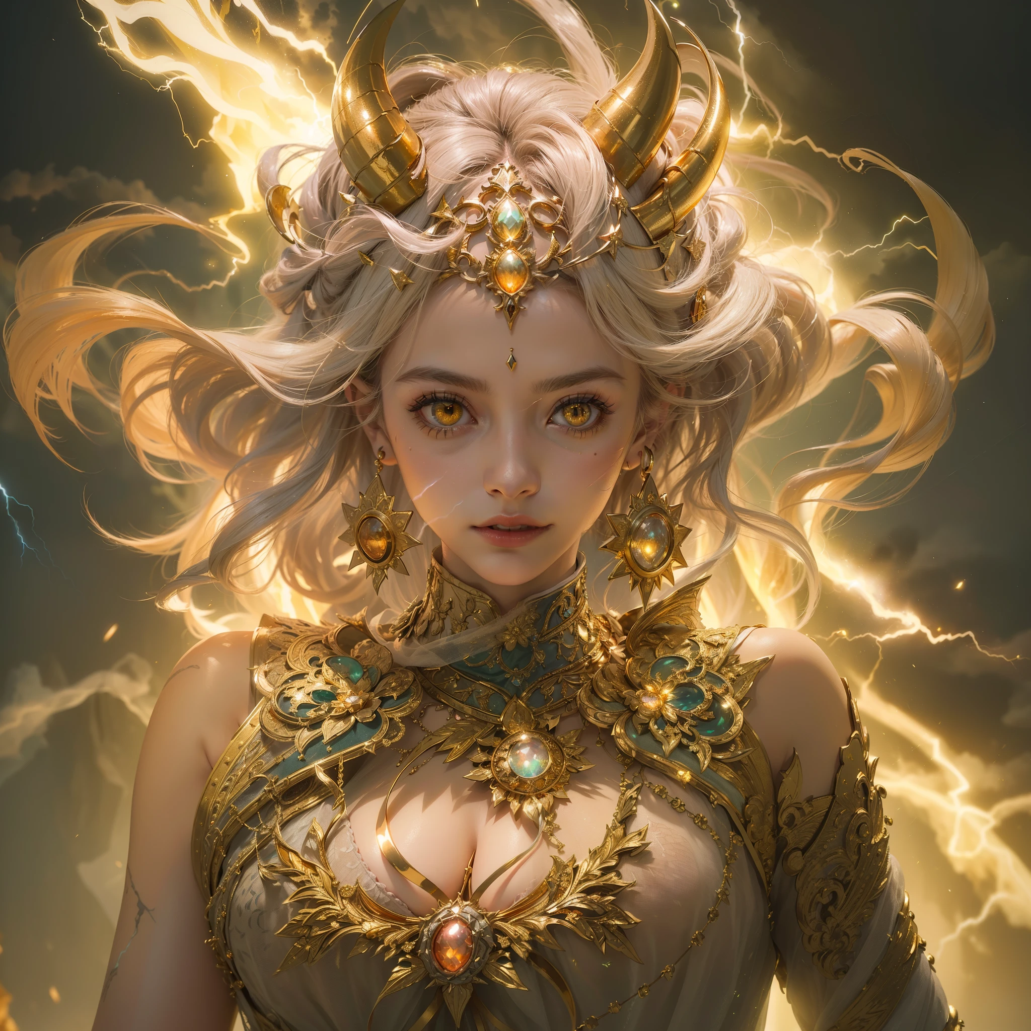 (Numerous award-winning masterpieces, with incredible detail, textures and maximum detail), (hyper realistic:1.4), (realistic:1.3), (best quality real texture skin), (finely detailed true circle Symmetrical eyes), finely detailed face, ((medieval world)), ((The Devil of the Lord's Thunder)), ((The Lord's lightning demon)), (burn brightly golden look in the eye), (She has a mischievous smile on her face), (Eyes that glow gold in the dark:1.5), (A pair of golden eyes with strong gold light emitting from within:1.5), bio luminescence, (full-body standing image:1.5), (Lightning and strong wind swirling in the background), (Dramatic Light), (A majestic sight), (Her countenance is gentle and beautiful, but somehow terrifying), Glass earrings on the ears, (dramatic photo:1.4), (Seducing Pose), ((dramatic pose)), (flamboyant photo), (golden hair), (silver hair), (chestnut hair), Short cut hair, ((looks up)), ((looking down)), (Around her neck is a simple necklace of exquisite workmanship), (Bio luminescence with a brilliant glow:1.1), (Use flashy lightning magic:1.4), (Swirling Thunder and lightning), The Great Temple of the Devil, The Devil's Grand Shrine, great temple, great cathedral, temple ruins, detached temple, (Luminous magic circle), Ruins of an ancient castle, Shining majestic cloud masses and sky, lightning bolt, epic realistic, faded, art, (Greg rutkowski:0.8), (teal and orange:0.4), (art station:1.5), cinematic, ((neutral colors)), (hdr:1.5), (muted colors:1.2), hyper detailed, dramatic light, (intricate details:1.1), complex background,((Wedding dress:1.2))