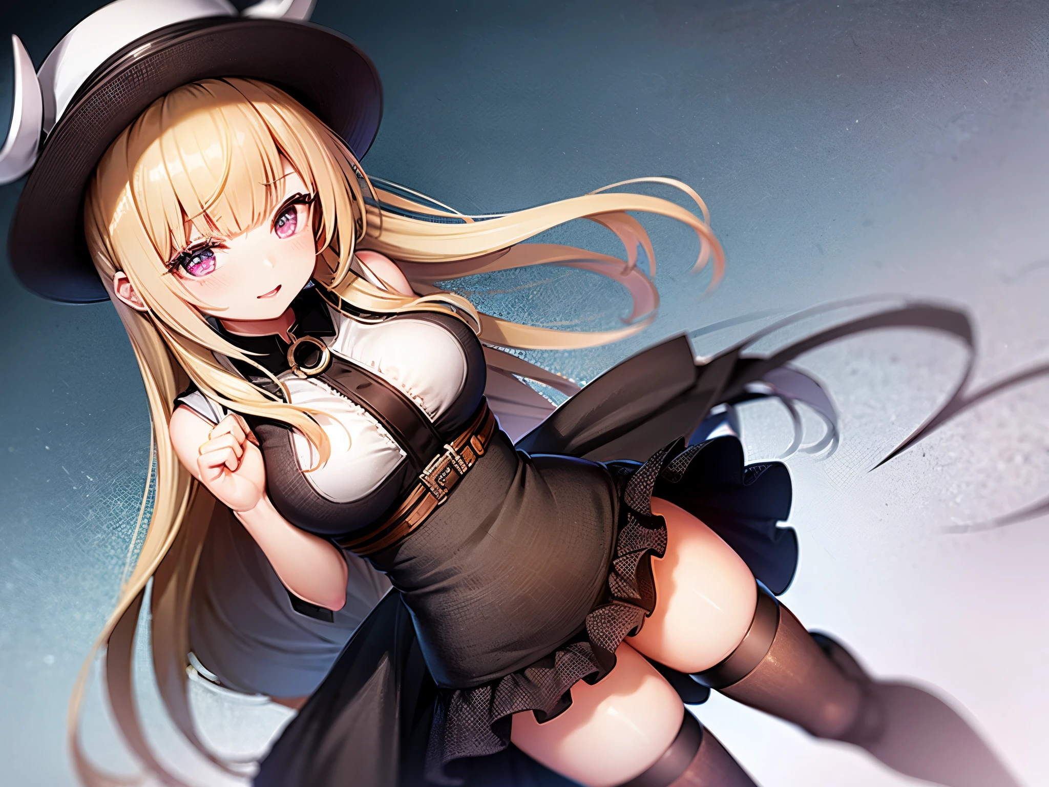 Best Quality, 8K, kawaii, kirisame marisa, petite and short body, glowing yellow eyes, Witch Hat,a baby face, Yellow hair, skin dantation, Lori, The looks 6 years oldour skirt to show your pants, Provocative smile, Obscene poses, Crotch focus