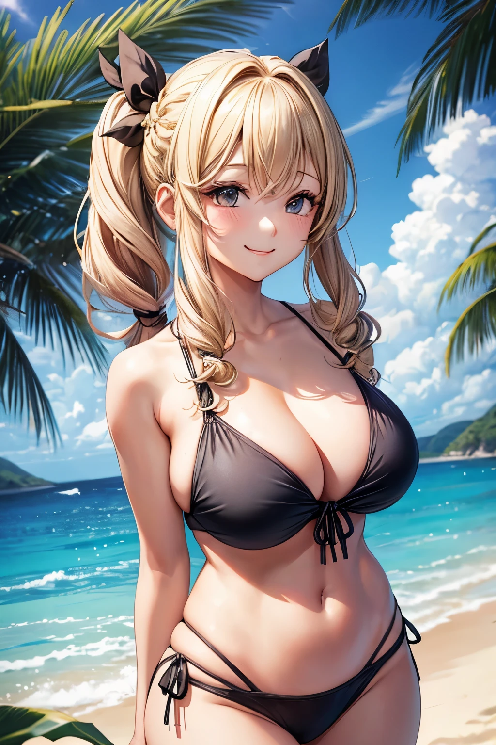 1 girl、one person、whole body、thick bikini、back view、(random hairstyles:1.2)、super detailed face、Details、double eyelids、(casual hairstyles、big breasts:1.2)、soft chest、blonde、smile