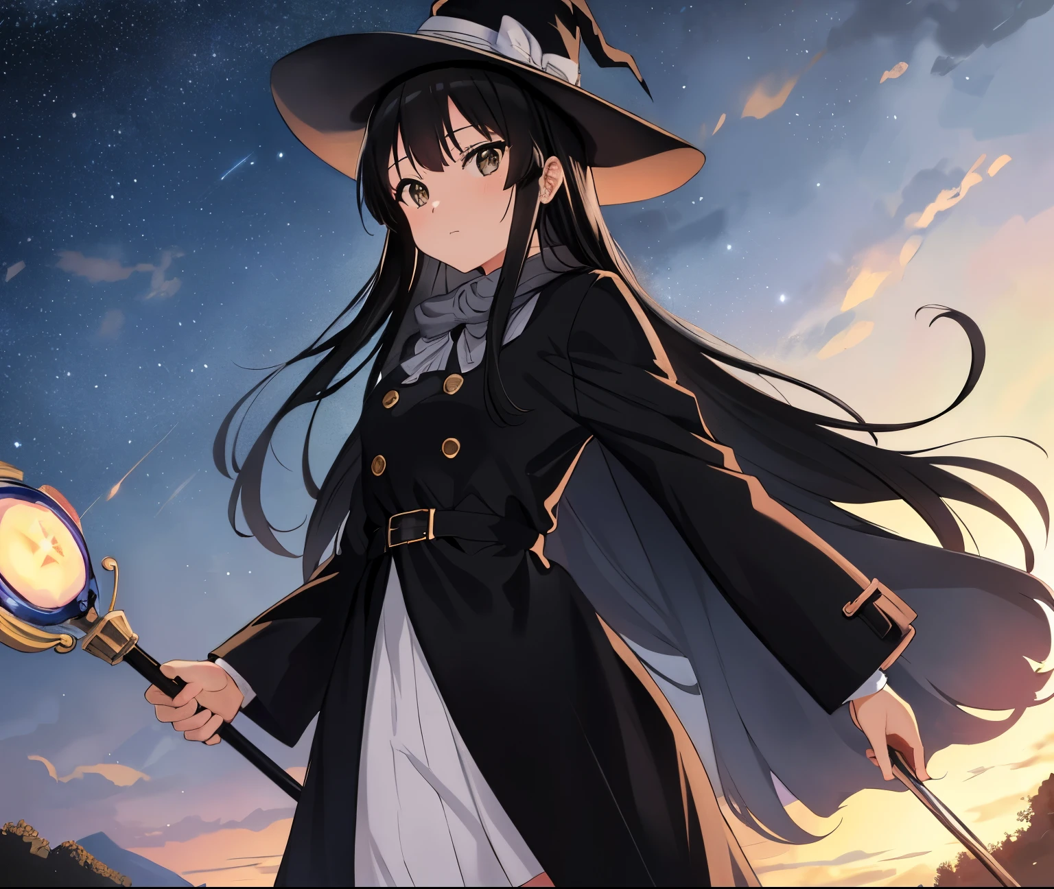 ((masterpiece)), (high details), (high quality), (best quality), (highres),1 girl, anime moe artstyle, anime best girl, in the anime film, K-On!,Akiyama Mio, black hair ,long hair, (grey eyes), ((holding staff)), (magician witch),((wear black coat)),hat,anime countryside landscape background,beautiful anime scenery,galaxy sky,(evening time),cowboy shot, from below, Nikon filter