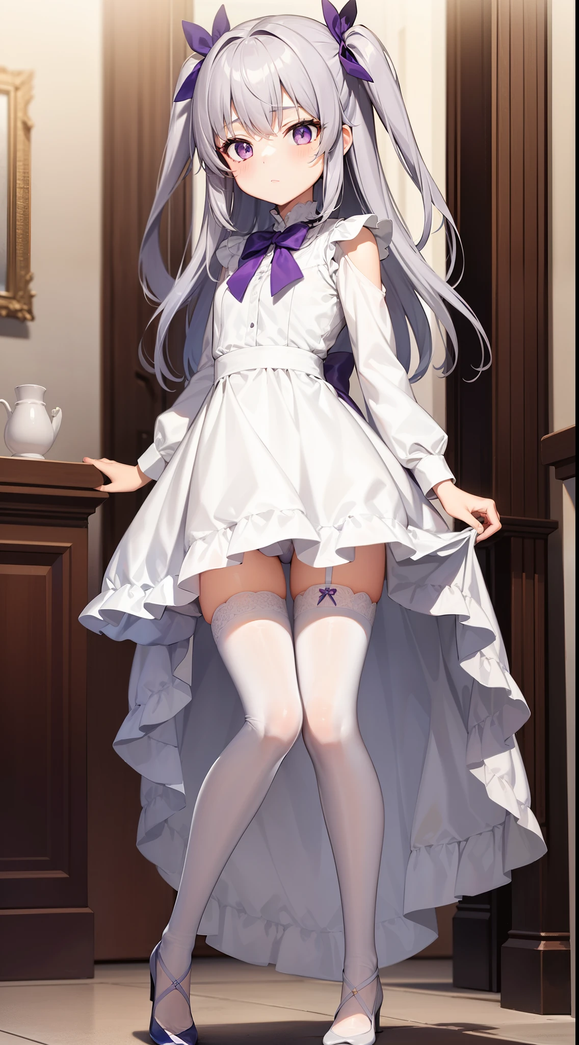 1girl,two side up,gray hair,purple eyes,((white stockings)),small lady serenity,a dress with long sleeves,legs focus