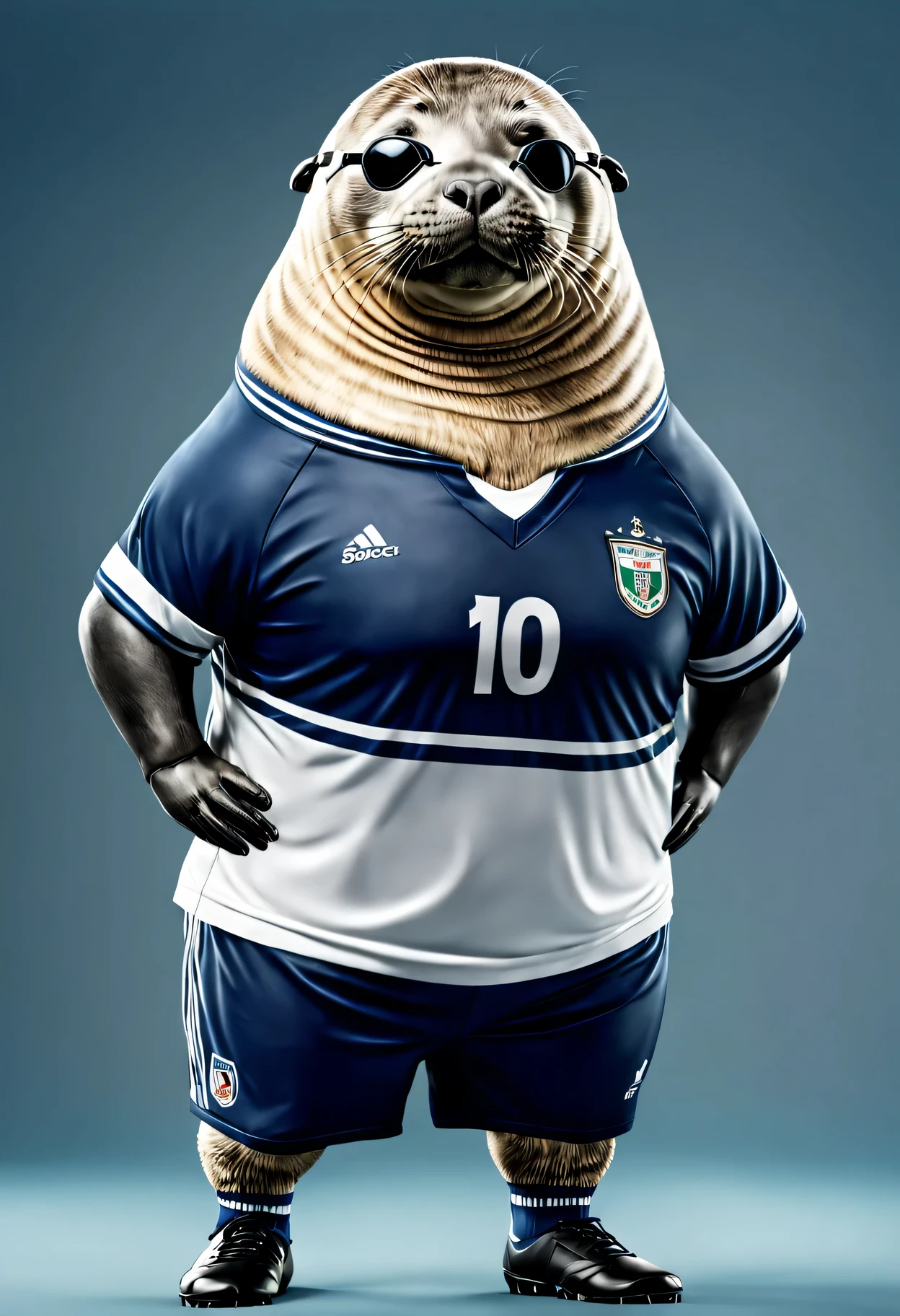 photorealistic portrait of Dressed animals - a fat seal soccer player,( dynamic action pose), high quality,(lovely) ,intricate details, highly detailed ((soccer uniform)) ,highly detailed, wearing sunglasses, (happy), studio lighting,(full body image:1.5)