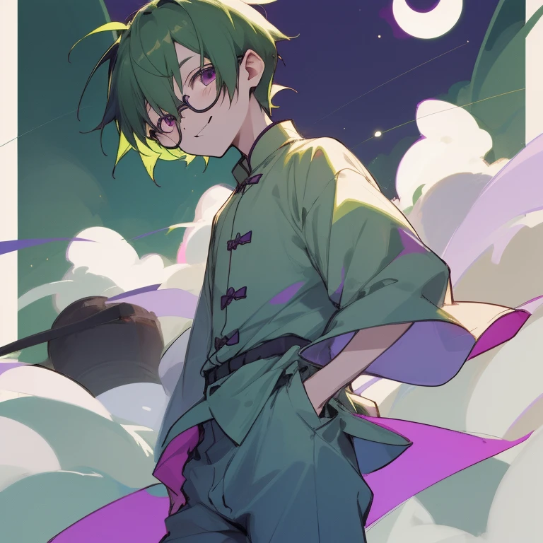 Shota boy,green hair,short hair,wearing a black circle glasses,two green antenna,purple eyes,cute,white skin,wearing a pijamas,innocent,smiling,shy,night in shanghai