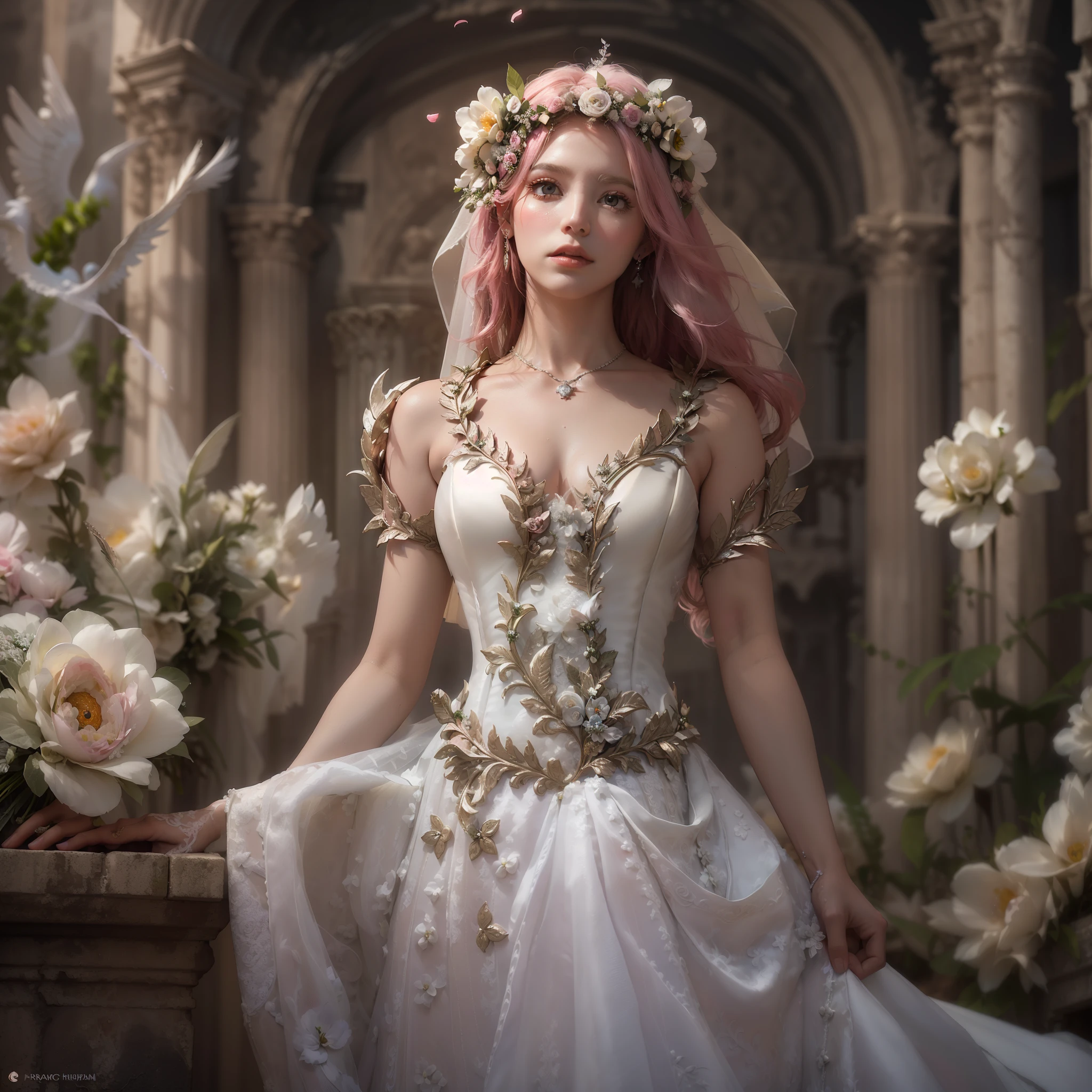 (Best Quality), ((Masterpiece), (Detail: 1.4), 3D, (Silver: 1.9), (Bun: 1.3), Face Close-up, Extremely Normal Hands, Extremely Normal Legs, Elf Long Ears, Wedding Dress, High Heels, HDR (High Dynamic Range), Ray Tracing, NVIDIA RTX, Super-Resolution, Unreal 5, Subsurface Scattering, PBR Textures, Post Processing, Anisotropic Filtering, Depth of Field, Maximum sharpness and sharpness, multi-layer textures, albedo and highlight maps, surface shading, accurate simulation of light-material interactions, perfect proportions, Octane Render, two-color light, large aperture, low ISO, white balance, rule of thirds, 8K RAW,